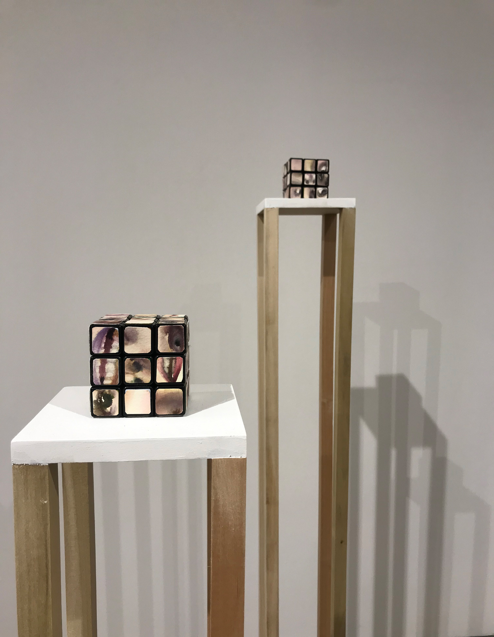 Solute and Solvent, watercolor, Rubik's cube, 3" x 3" x 3", 2020. Interactive Puzzle Game.