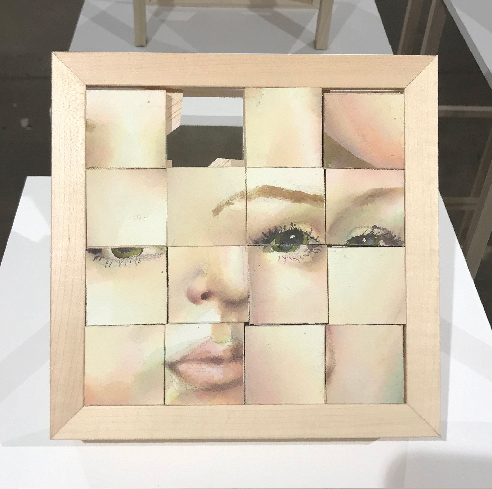 Out, watercolor, pine, 9" x 9" x 4", 2020. Interactive puzzle game.