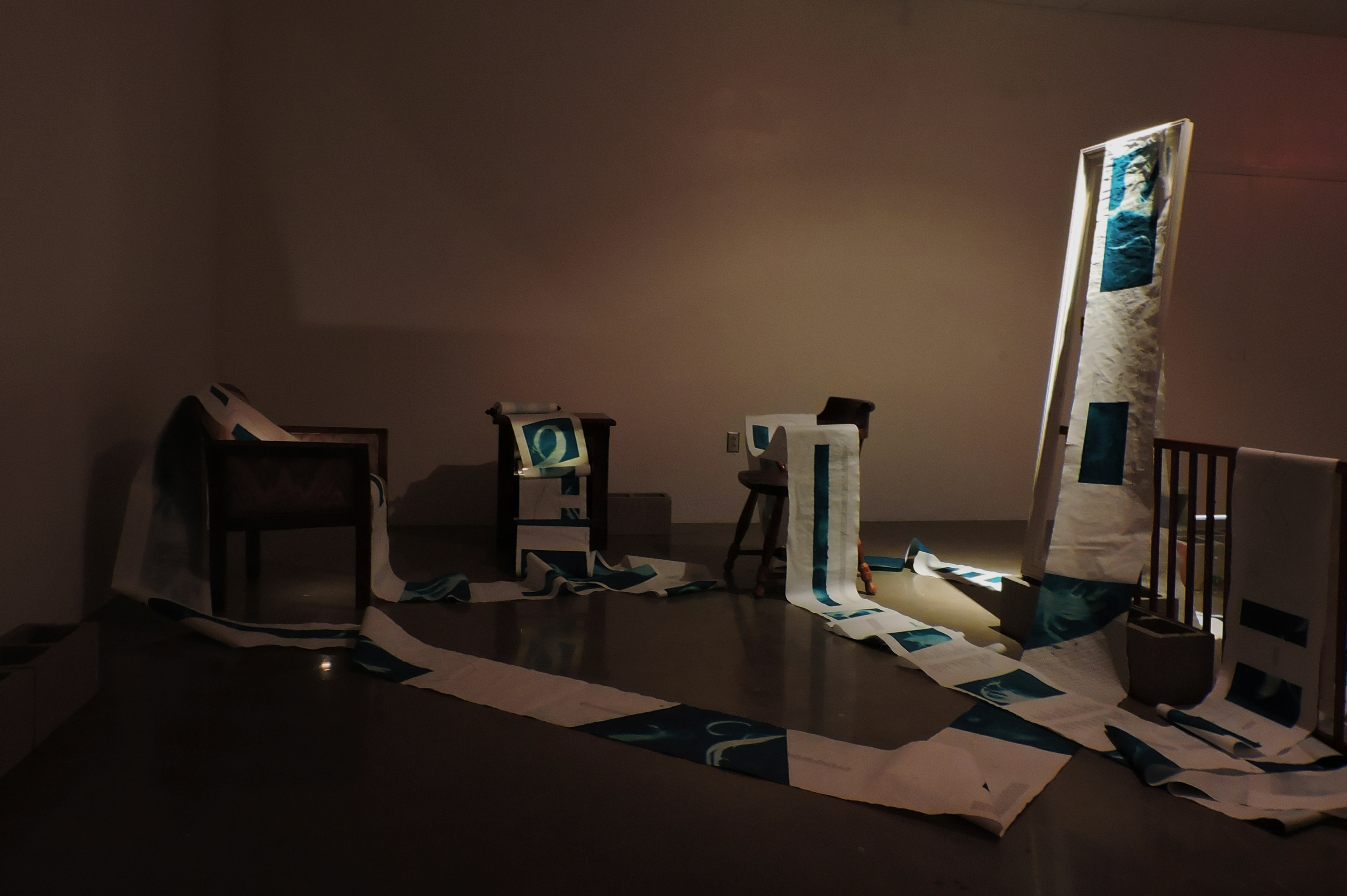 Anamnesis, installation view, cyanotype and inkjet print on vellum, 168’ x 16”, 2021.