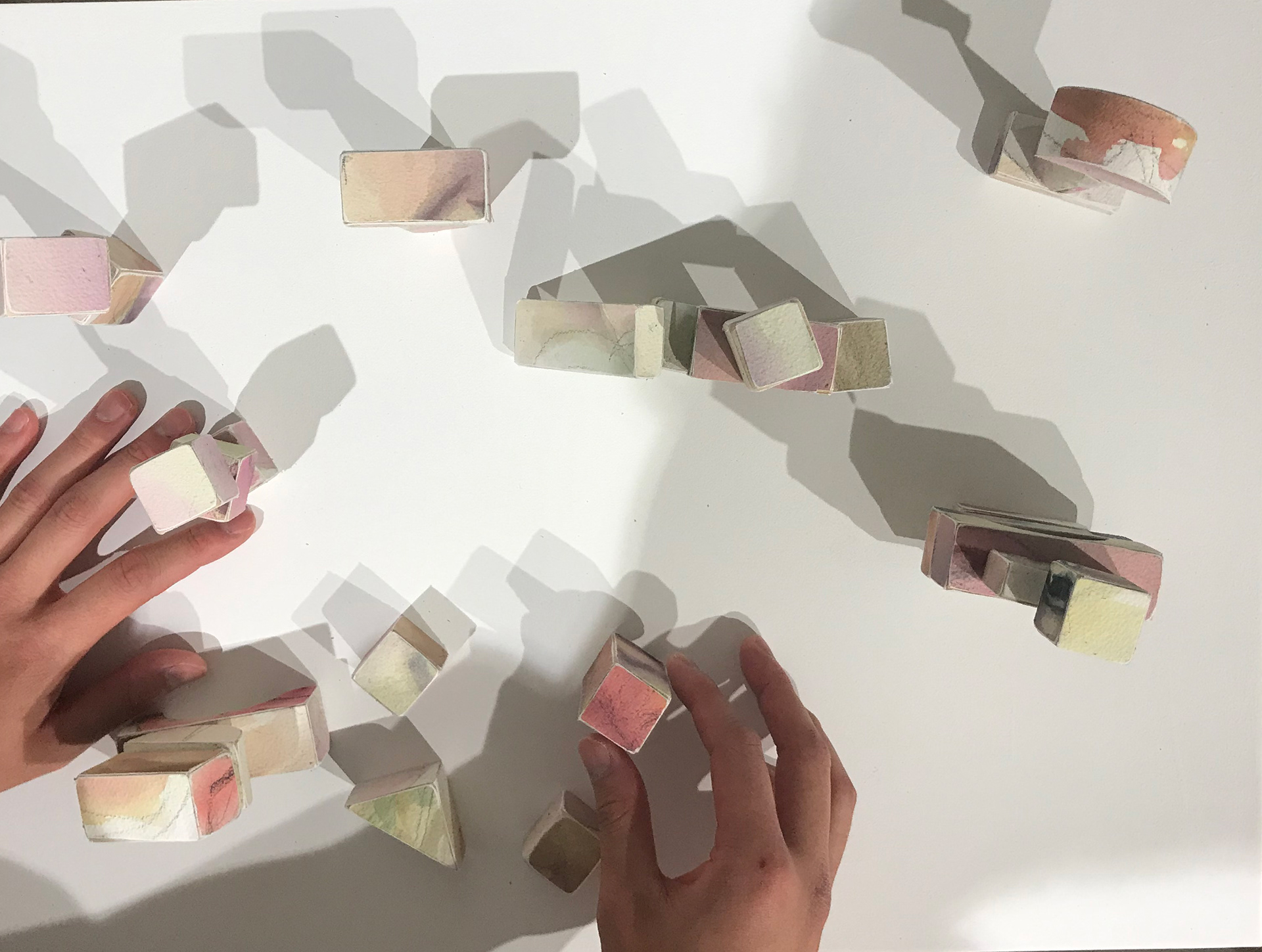 Superstructure, watercolor, pine, dimensions vary, 2020. Interactive block toy