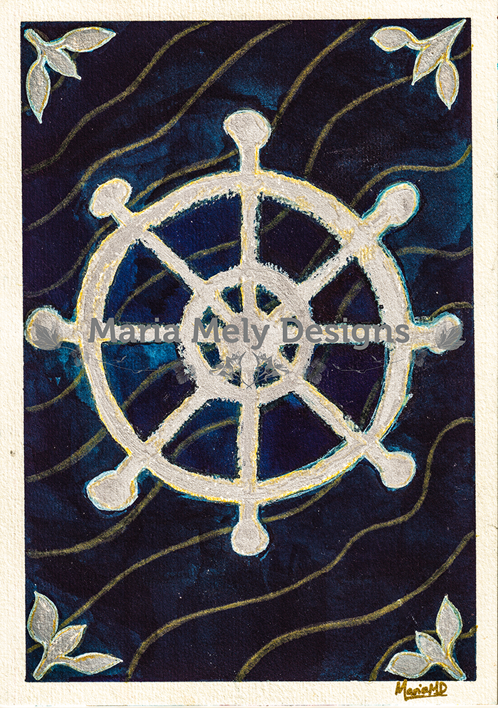 ORIGINAL ARTWORK: A5 size : Sailing Wheel Navy Blue Waves Metallic Paints Artwork - CREATOR & ARTIST: MARIA MELY DESIGNS
