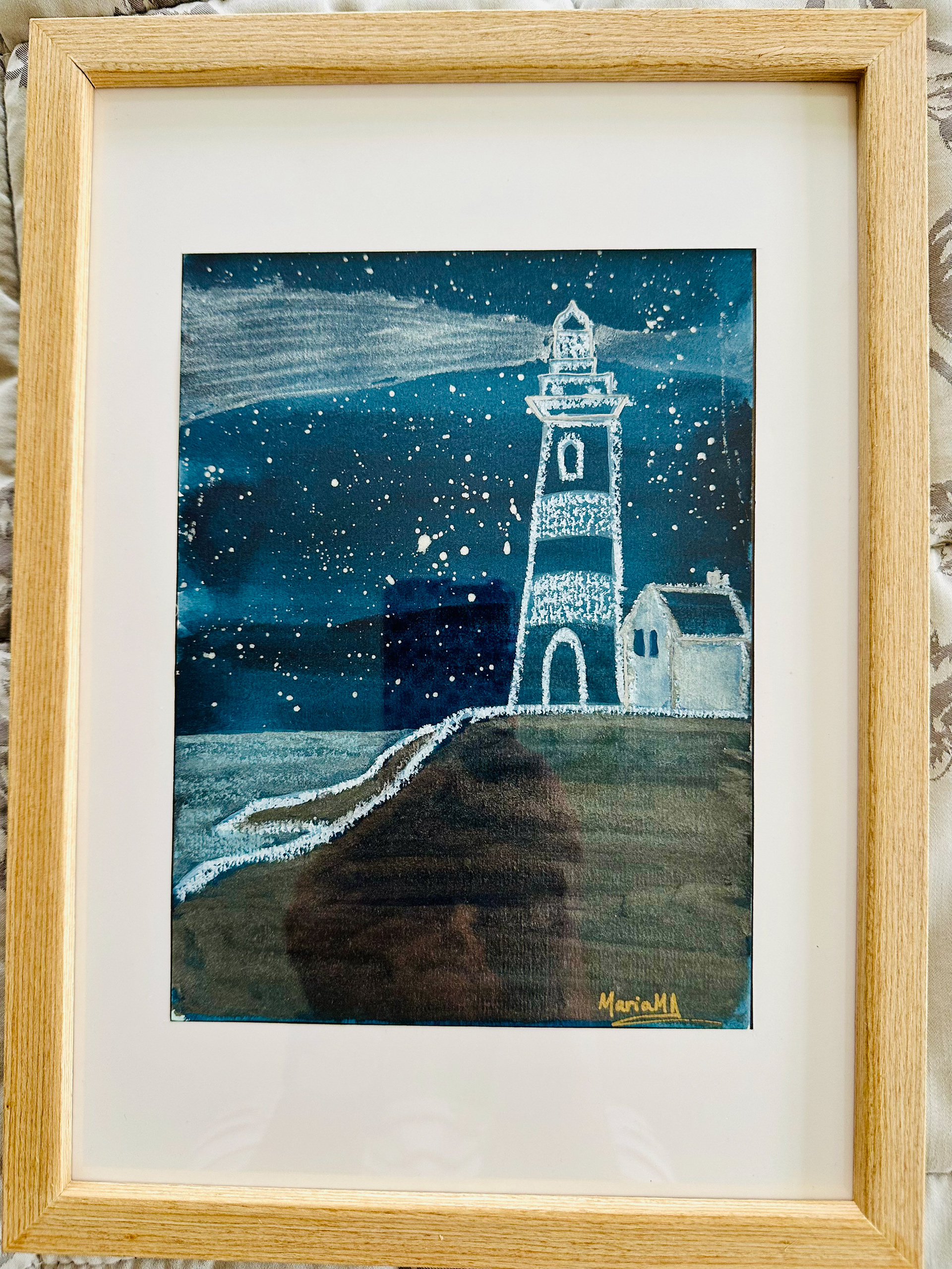 ORIGINAL ARTWORK FRAMED: A5 size : Midnight Lighthouse Starry Sky Navy Blue Metallic Paint Artwork - CREATOR & ARTIST: MARIA MELY DESIGNS