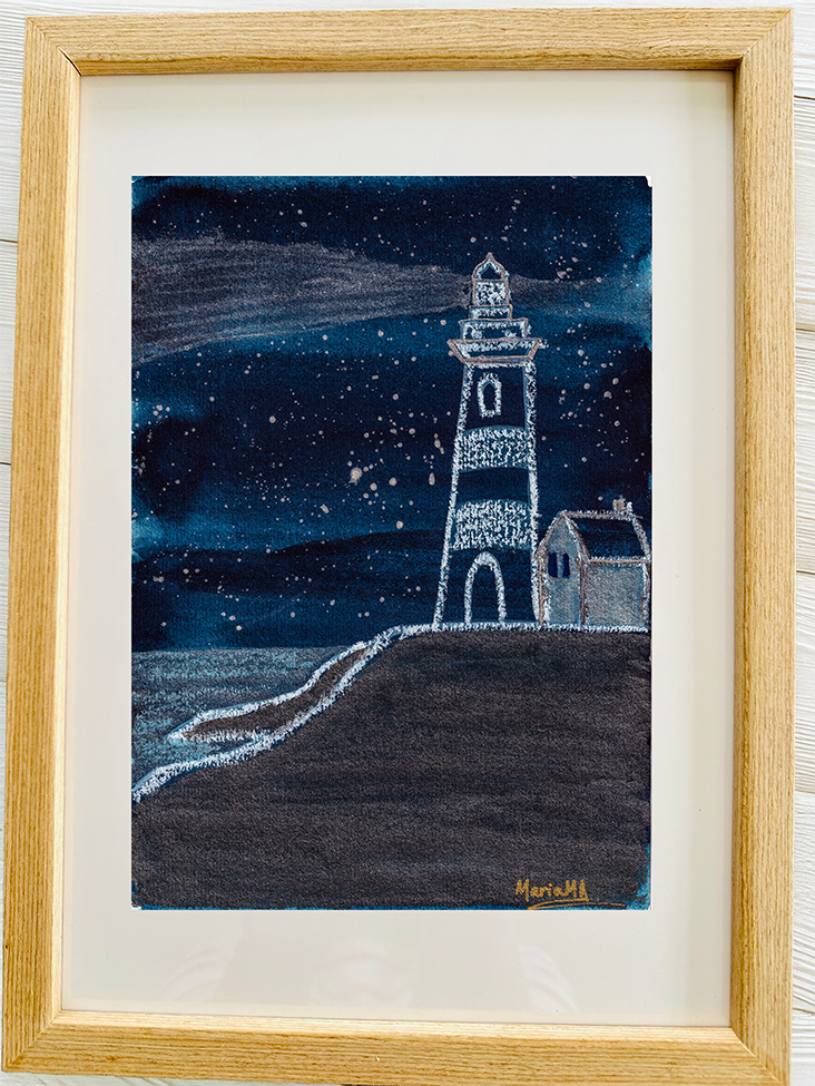 ORIGINAL ARTWORK FRAMED: A5 size : Midnight Lighthouse Starry Sky Navy Blue Metallic Paint Artwork - CREATOR & ARTIST: MARIA MELY DESIGNS