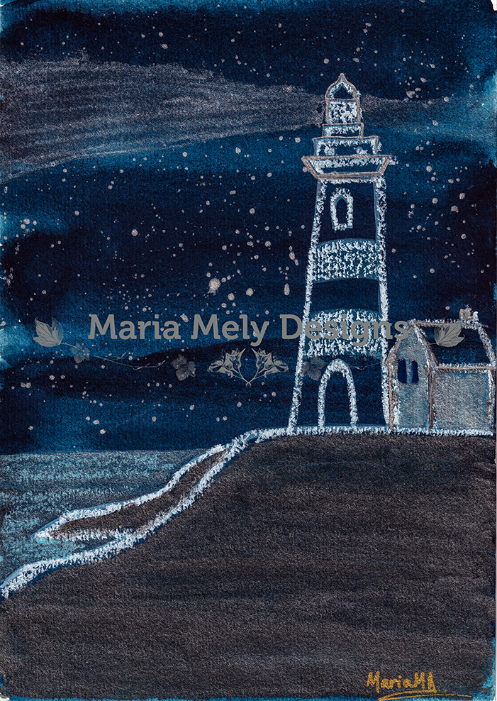 ORIGINAL ARTWORK: A5 size : Midnight Lighthouse Starry Sky Navy Blue Metallic Paint Artwork - CREATOR & ARTIST: MARIA MELY DESIGNS