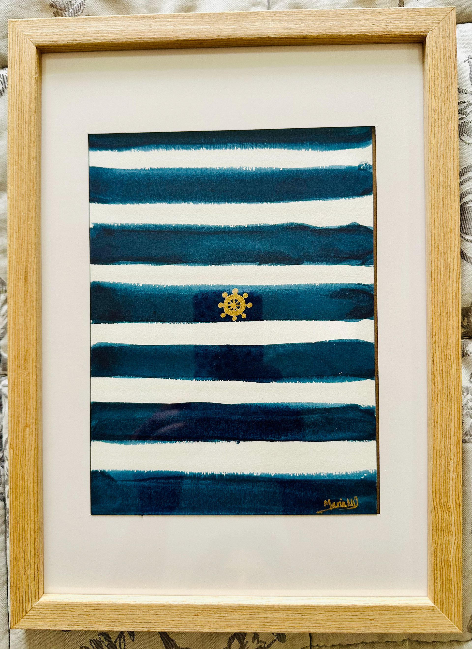 ORIGINAL ARTWORK FRAMED: A5 size: Tiny Golden Sailing Wheel Navy Blue Stripes Minimal Artwork Metallic Paint Artwork - CREATOR & ARTIST: MARIA MELY DESIGNS
