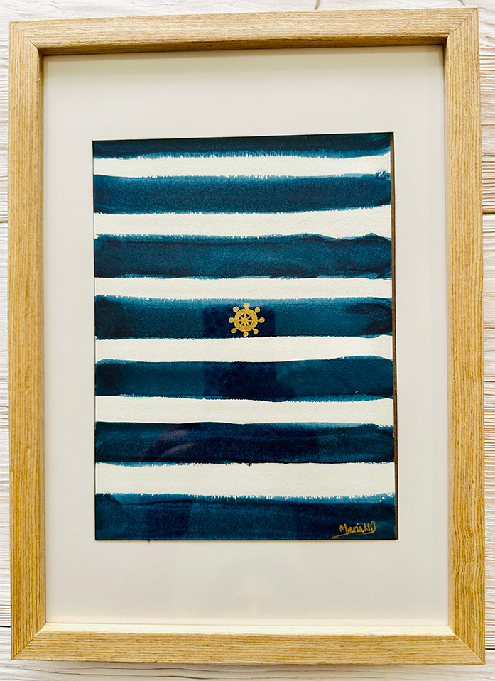 ORIGINAL ARTWORK FRAMED: A5 size: Tiny Golden Sailing Wheel Navy Blue Stripes Minimal Artwork Metallic Paint Artwork - CREATOR & ARTIST: MARIA MELY DESIGNS