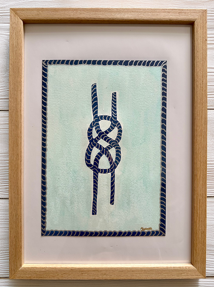 ORIGINAL ARTWORK FRAMED: A5 size: The Carrick Bend Navy Blue Sun-washed Blue Oil Pastels Metallic Artwork - CREATOR & ARTIST: MARIA MELY DESIGNS