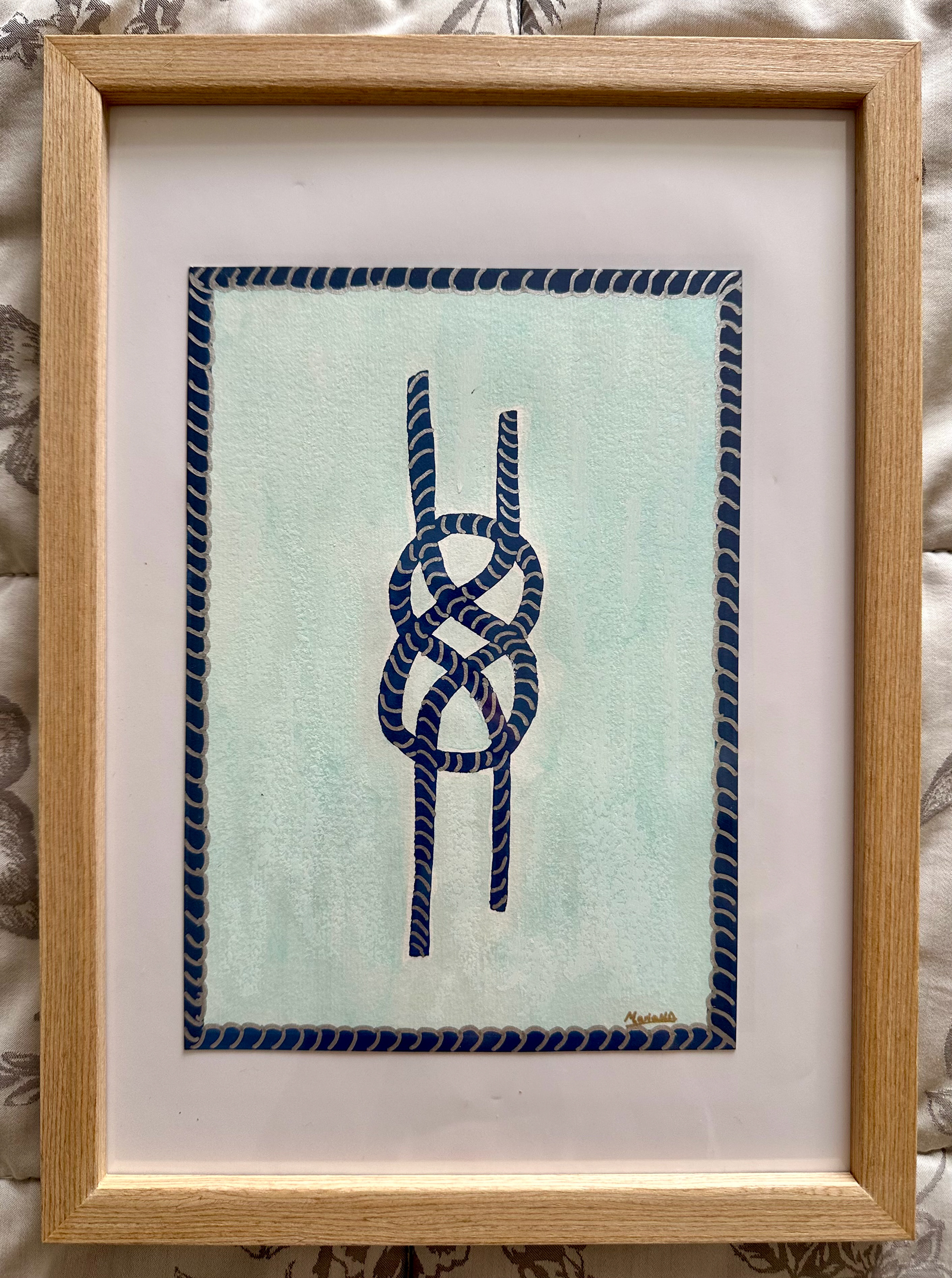ORIGINAL ARTWORK FRAMED: A5 size: The Carrick Bend Navy Blue Sun-washed Blue Oil Pastels Metallic Artwork - CREATOR & ARTIST: MARIA MELY DESIGNS