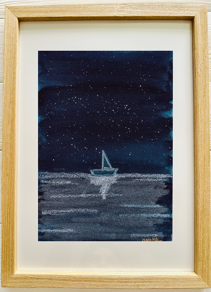 ORIGINAL ARTWORK FRAMED: A5 size: Midnight Sailing Navy Blue Starry Sky Watercolour Oil Pastels Metallic Artwork - CREATOR & ARTIST: MARIA MELY DESIGNS