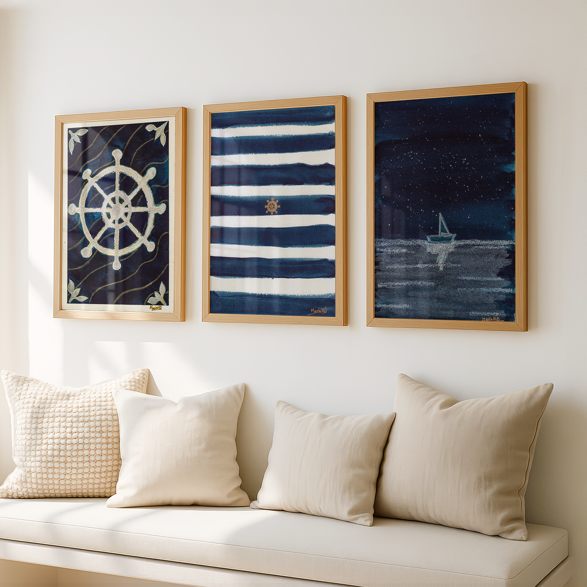 Nautical Themed Artwork - 3 framed on wall