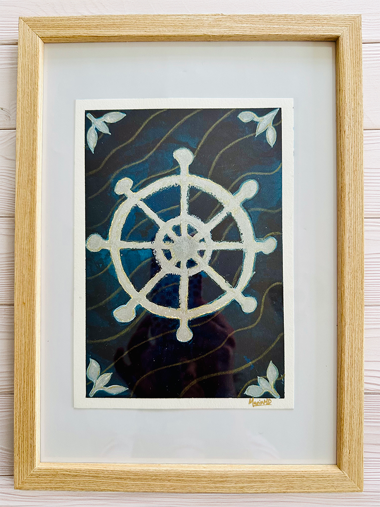ORIGINAL ARTWORK FRAMED: A5 size : Sailing Wheel Navy Blue Waves Metallic Paints Artwork - CREATOR & ARTIST: MARIA MELY DESIGNS