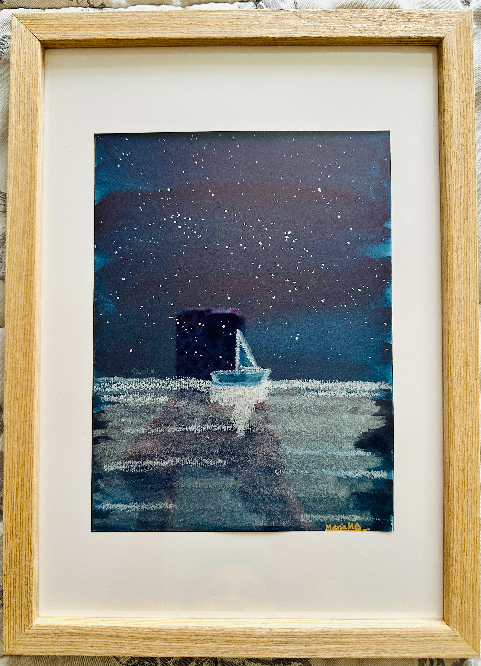 ORIGINAL ARTWORK FRAMED: A5 size: Midnight Sailing Navy Blue Starry Sky Watercolour Oil Pastels Metallic Artwork - CREATOR & ARTIST: MARIA MELY DESIGNS