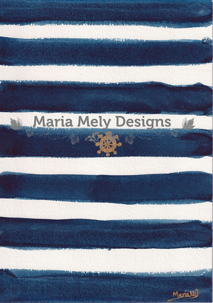 ORIGINAL ARTWORK: A5 size: Tiny Golden Sailing Wheel Navy Blue Stripes Minimal Artwork Metallic Paint Artwork - CREATOR & ARTIST: MARIA MELY DESIGNS