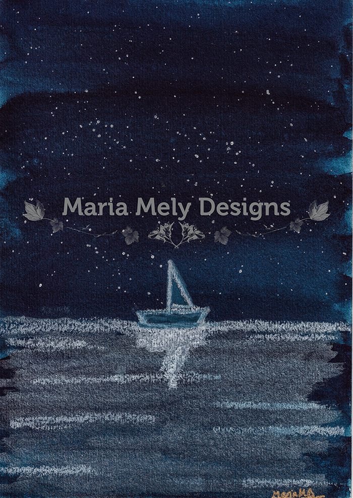ORIGINAL ARTWORK: A5 size: Midnight Sailing Navy Blue Starry Sky Watercolour Oil Pastels Metallic Artwork - CREATOR & ARTIST: MARIA MELY DESIGNS