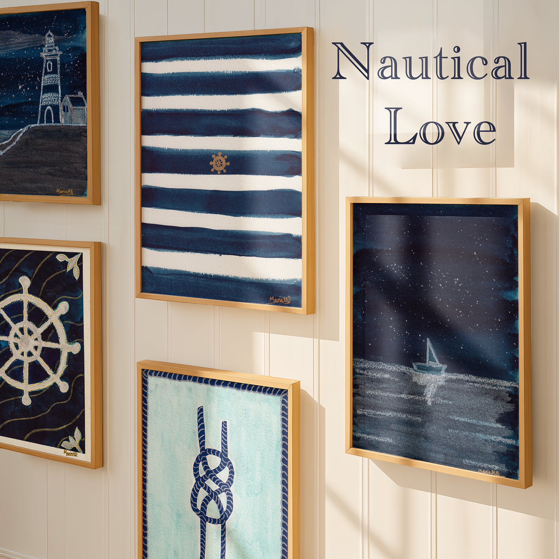 Nautical Themed Artwork - 5 framed on wall