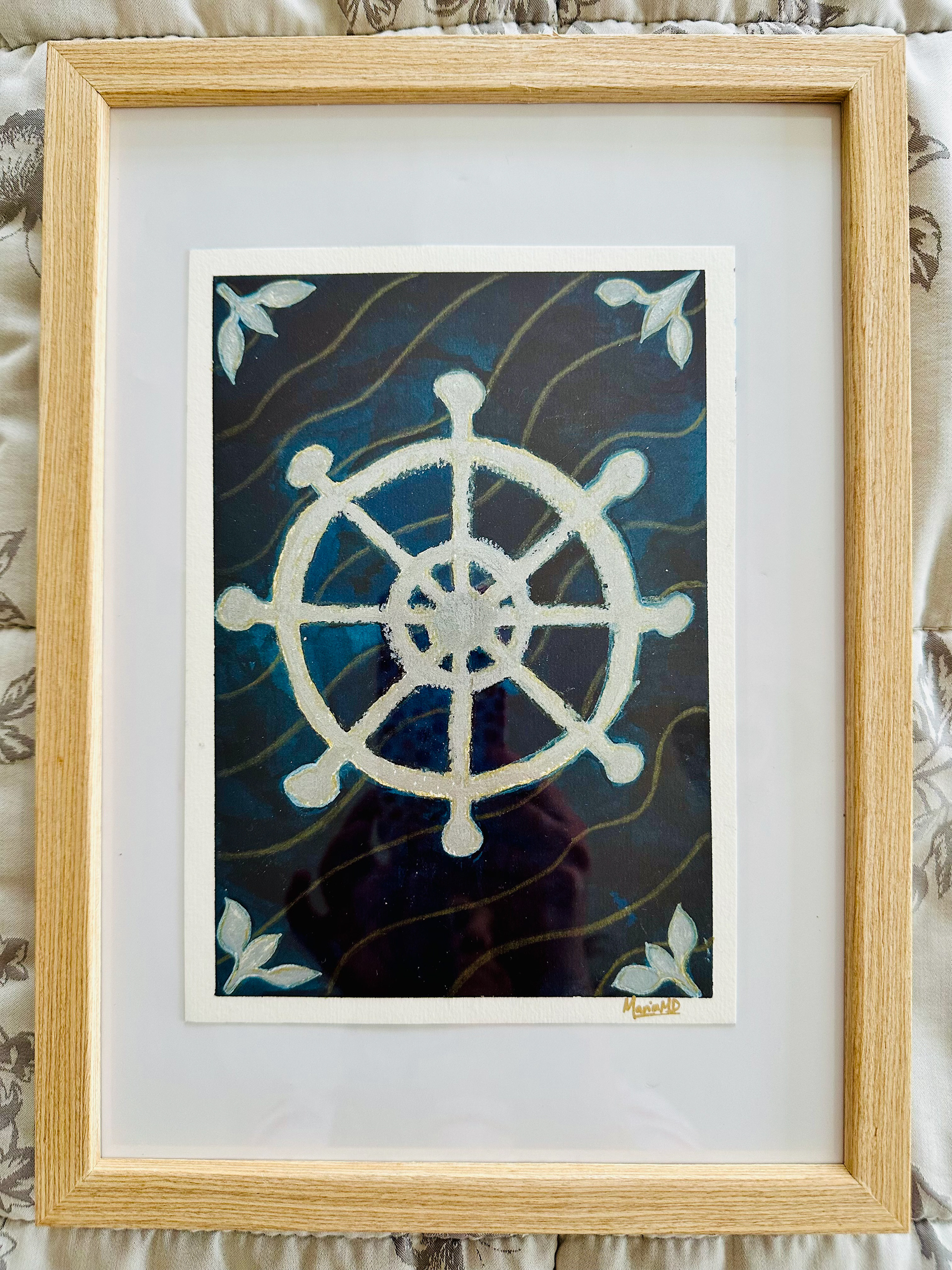 ORIGINAL ARTWORK FRAMED: A5 size : Sailing Wheel Navy Blue Waves Metallic Paints Artwork - CREATOR & ARTIST: MARIA MELY DESIGNS