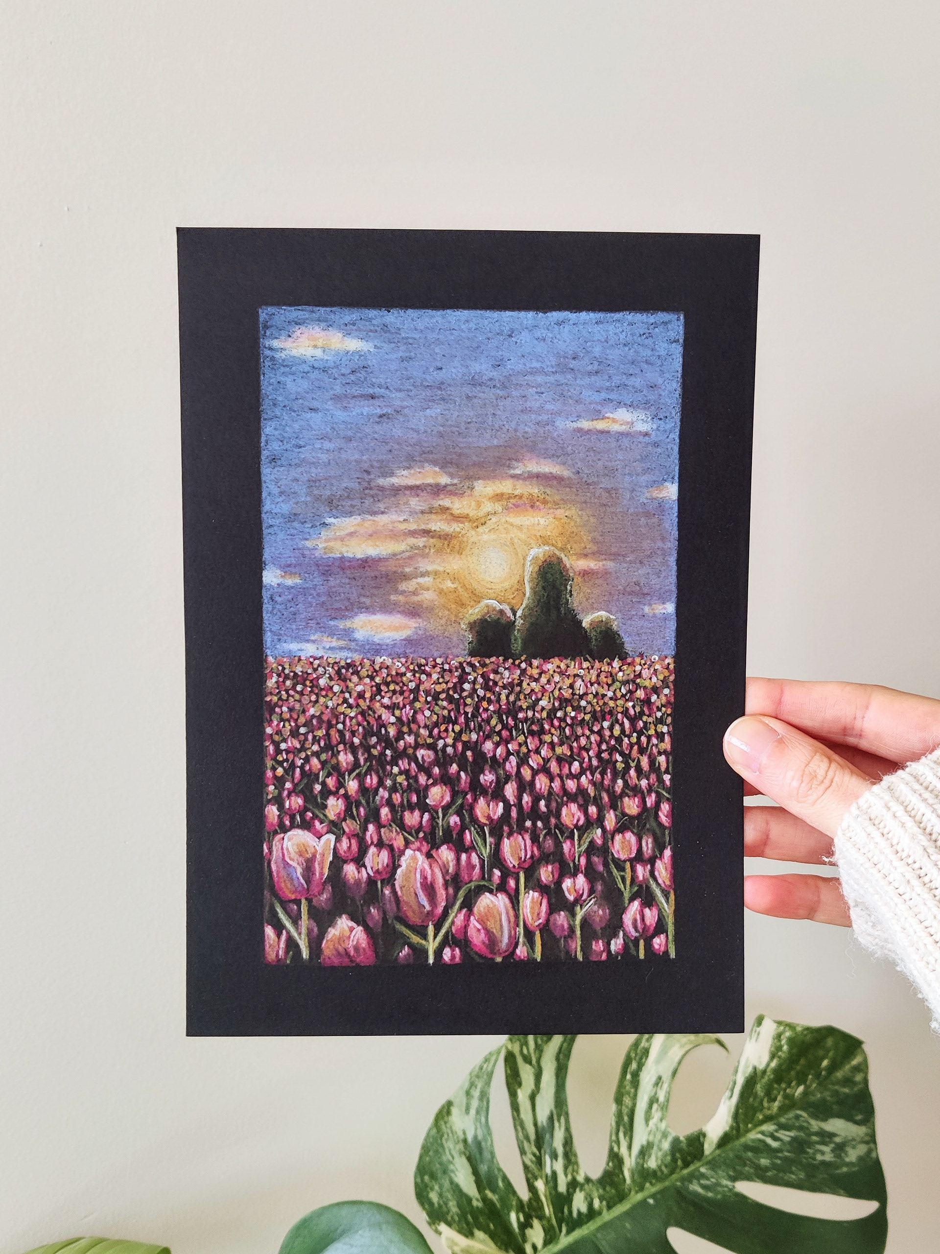 A tulip field on A5 black paper