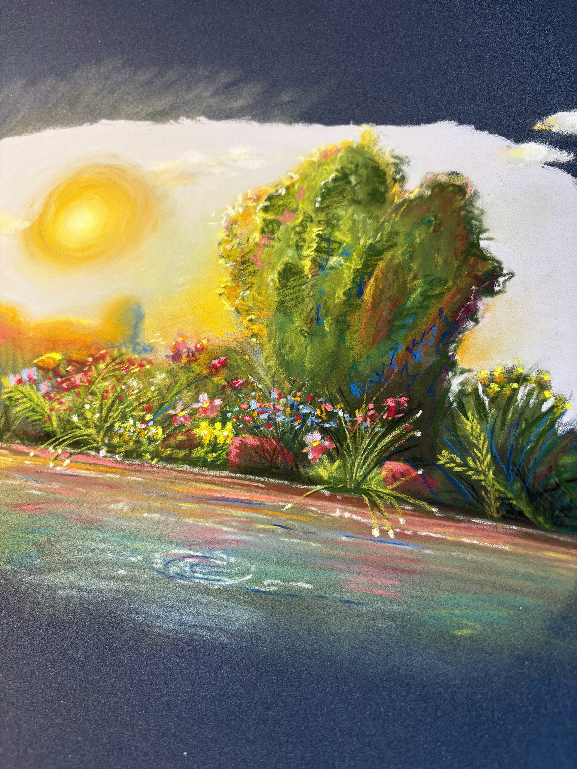Landscape on 30x40cm dark blue pastelmat using soft pastels #1