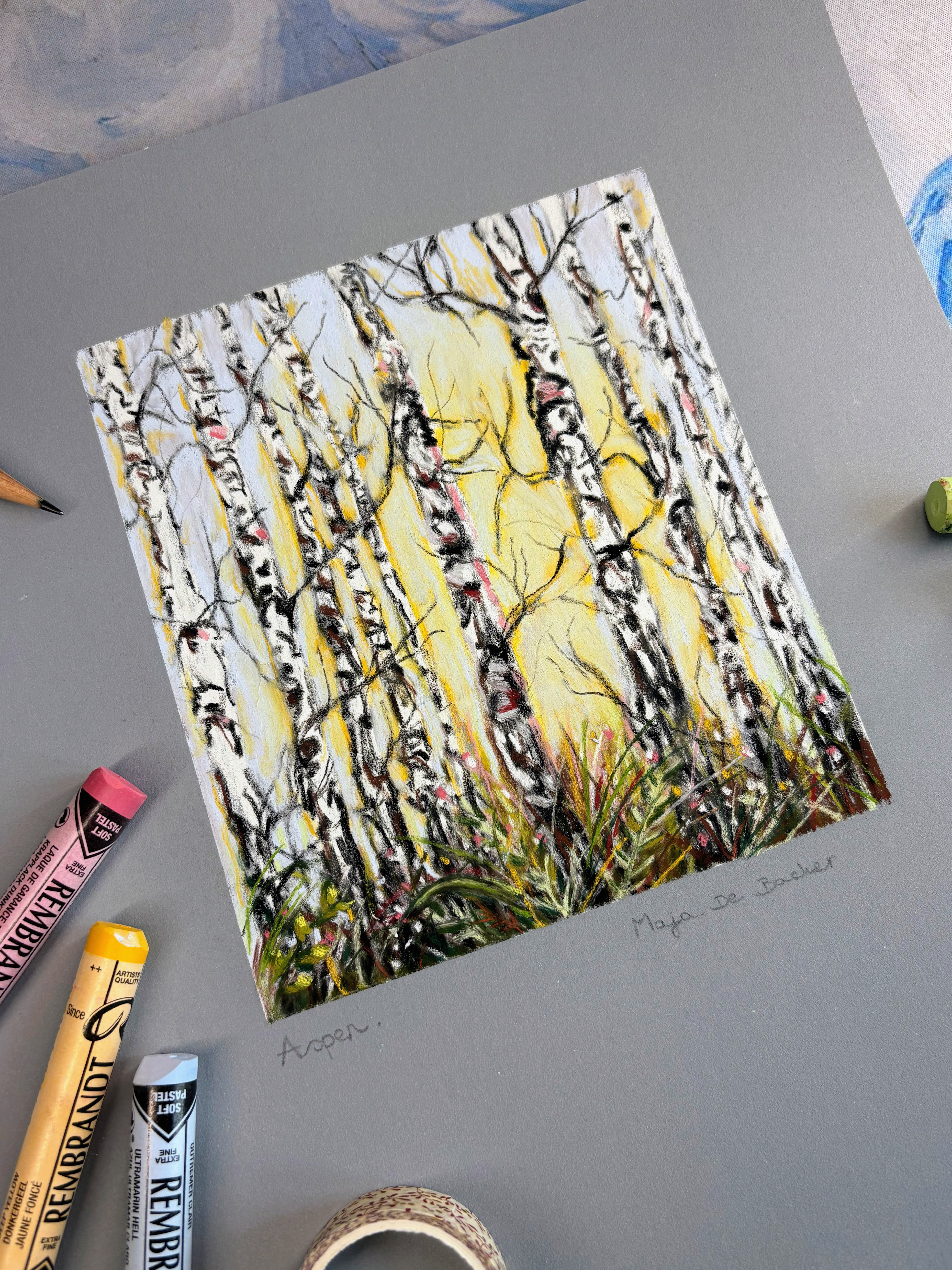 Aspen forest on 30x40cm light blue pastelmat
