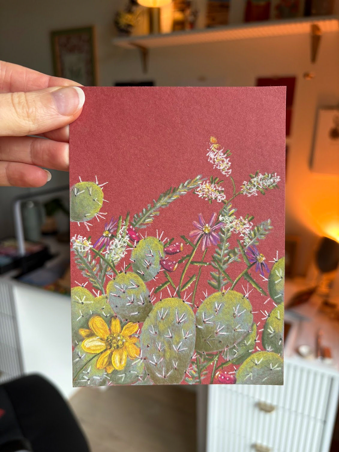 Cactus and various plants on A6 red paper