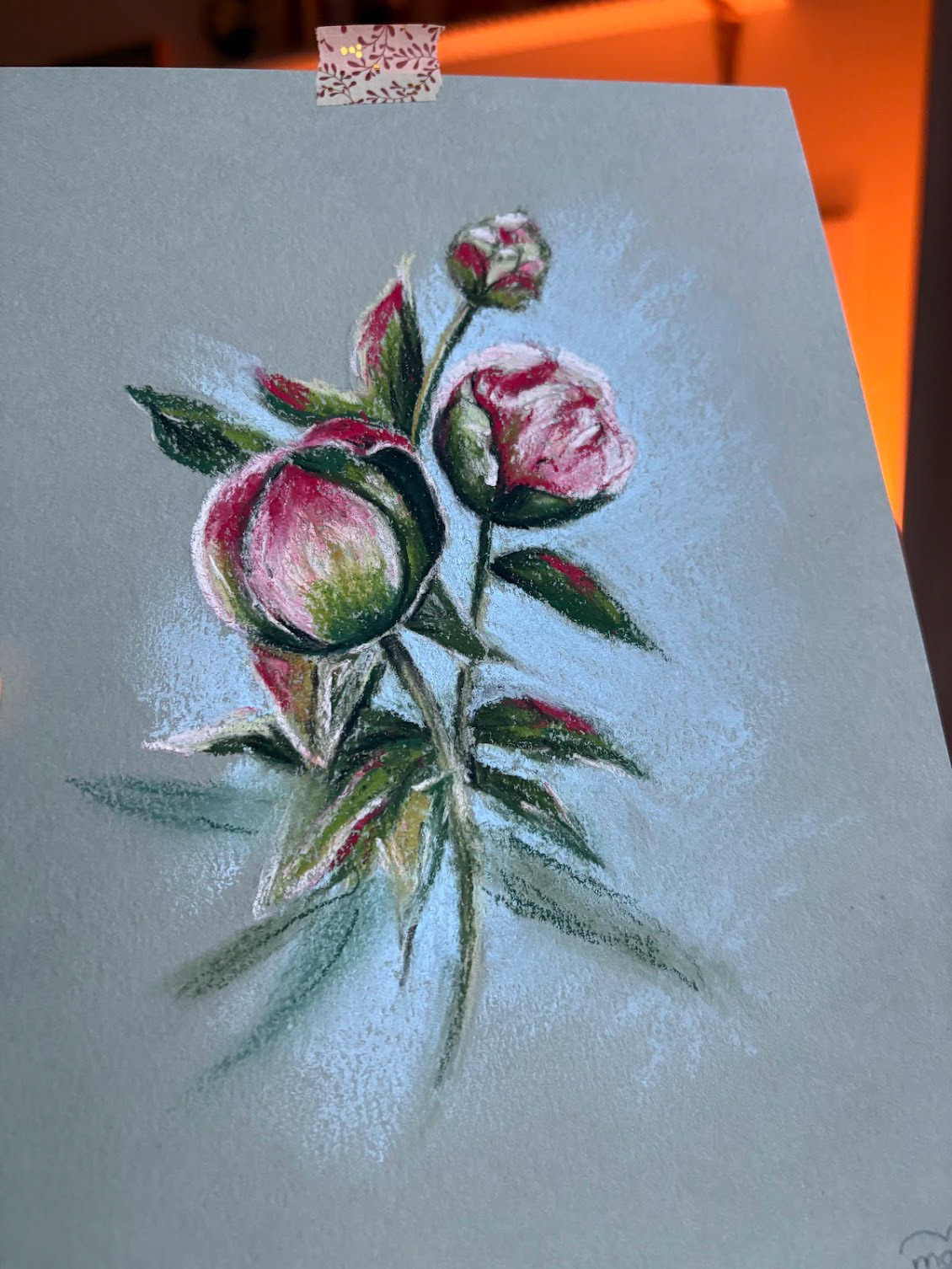 Peony (pioenroos) on A5 grey/green paper #1