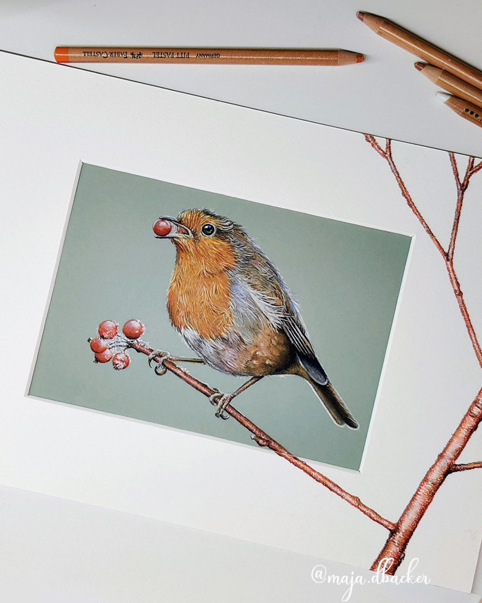 A robin on A5 grey/green paper #2 (with customized passe-partoute)