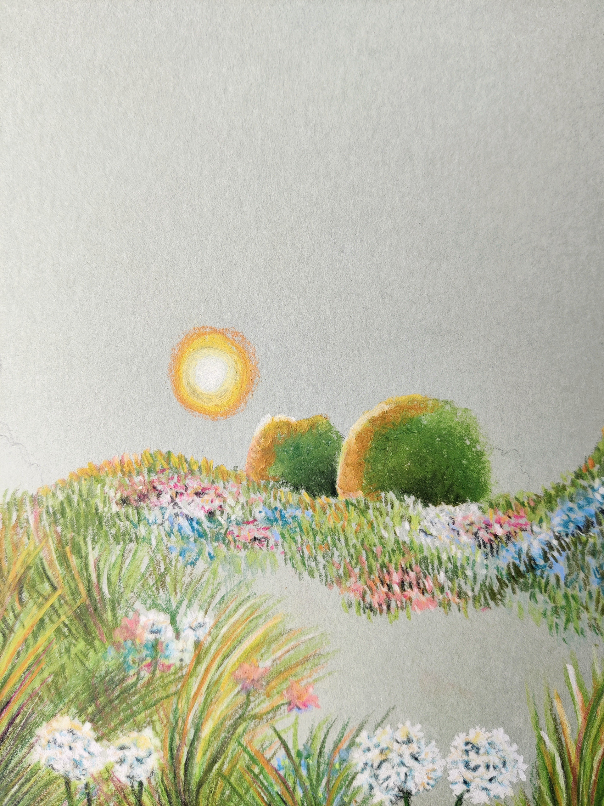 Abstract flower field: in the middle of drawing on A5 grey/green paper
