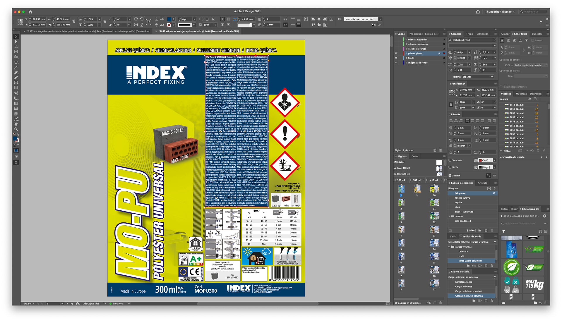 Captura de pantalla del programa Adobe Indesign y el diseño gráfico de una etiqueta