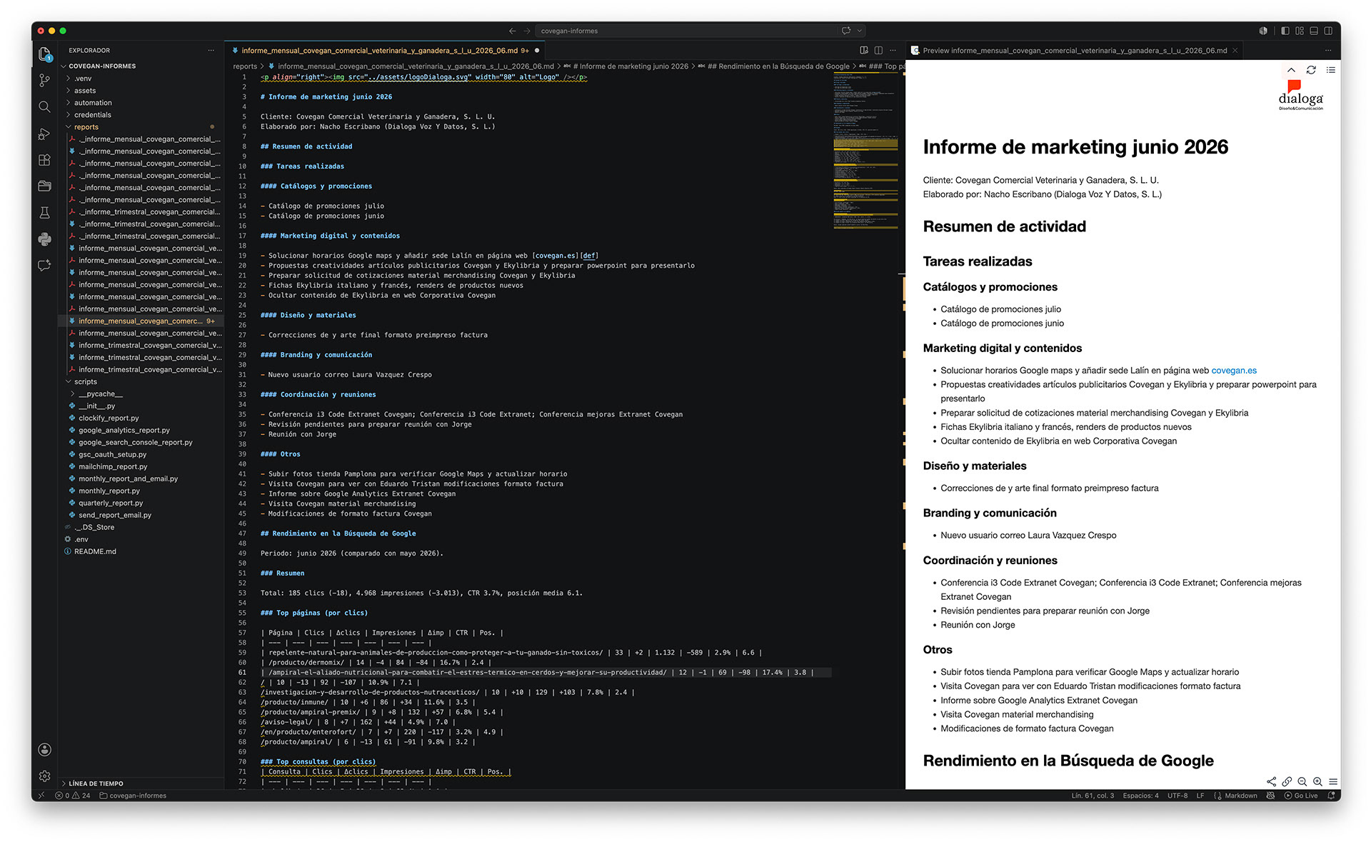 Pantalla Visual Studio Code, generación de informes
