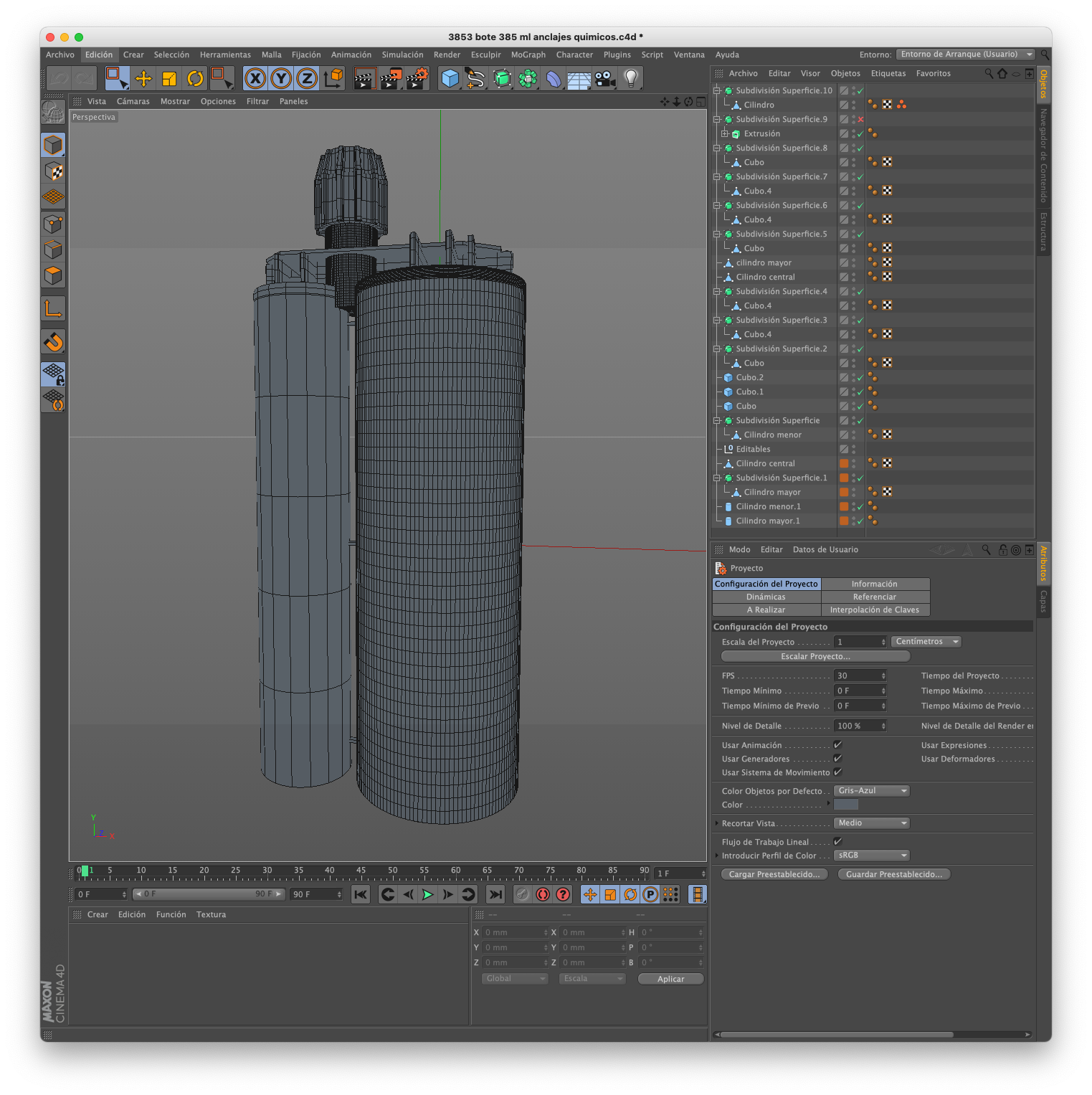 Captura de pantalla del programa Cinema 4D y el modelado de un bote de anclaje químico.