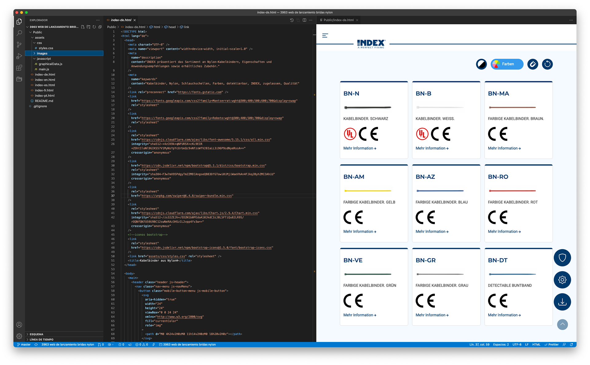 Captura de pantalla del programa Visual Studio Code y archivo html de página web de producto
