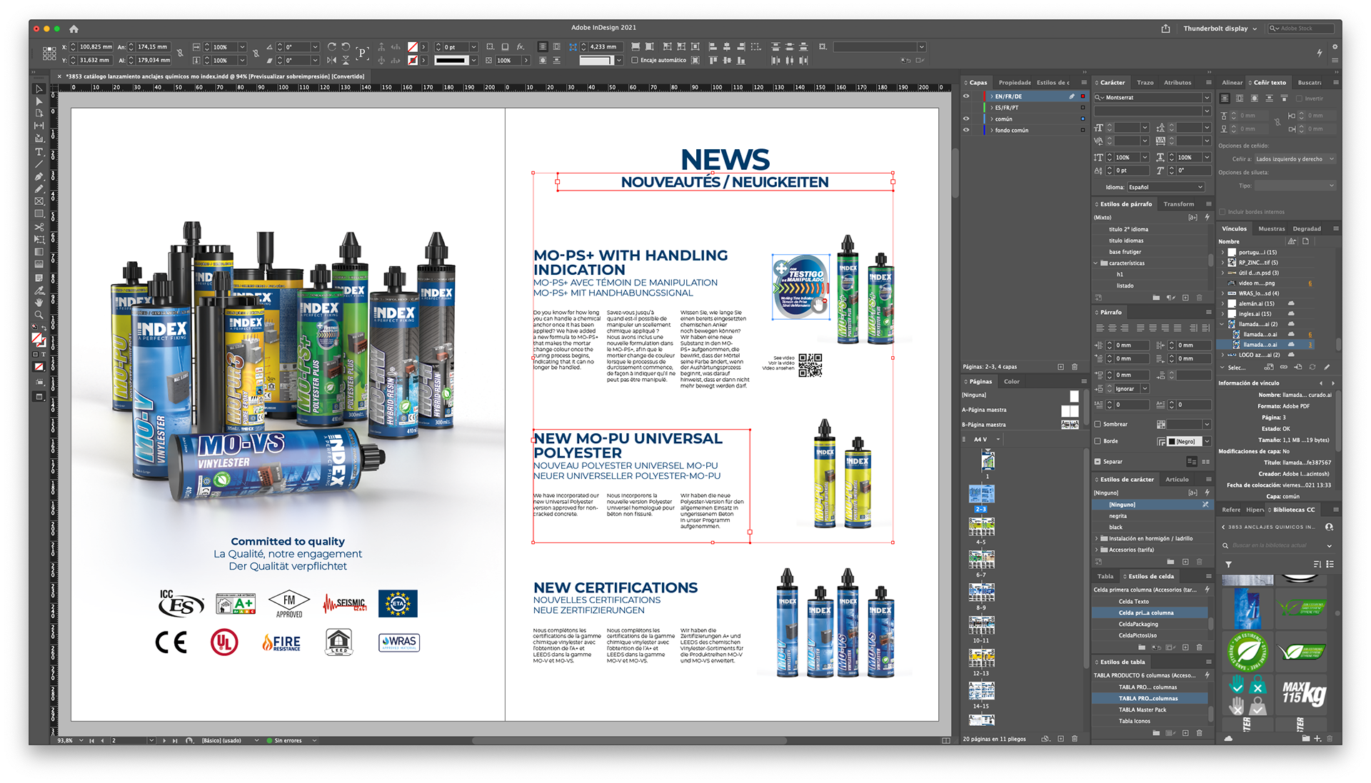 Captura de pantalla del programa Adobe Indesign y las páginas de un catálogo comercial