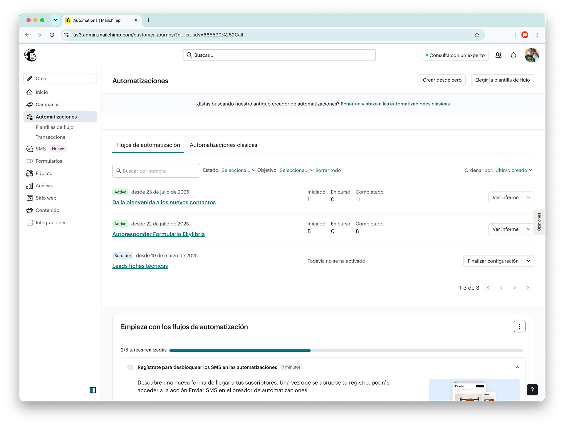 Menú automatizaciones de Mailchimp