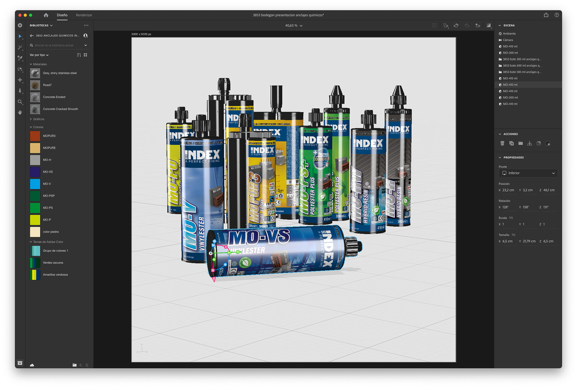 Captura de pantalla del programa Adobe Dimensión con un bodegón 3D de anclajes químicos