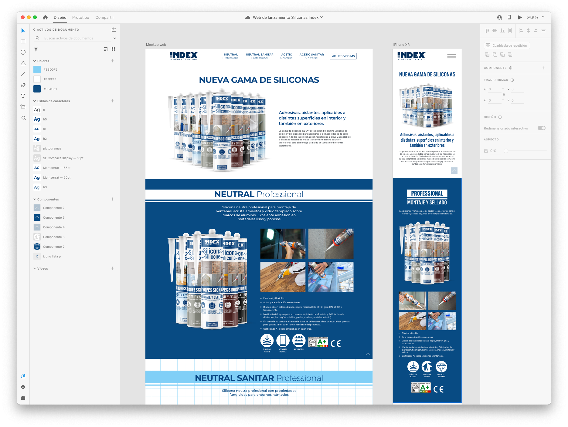Captura de pantalla de la aplicación Adobe Dimension y una página web de producto con la vista de pantalla de escritorio y vista de pantalla móvil