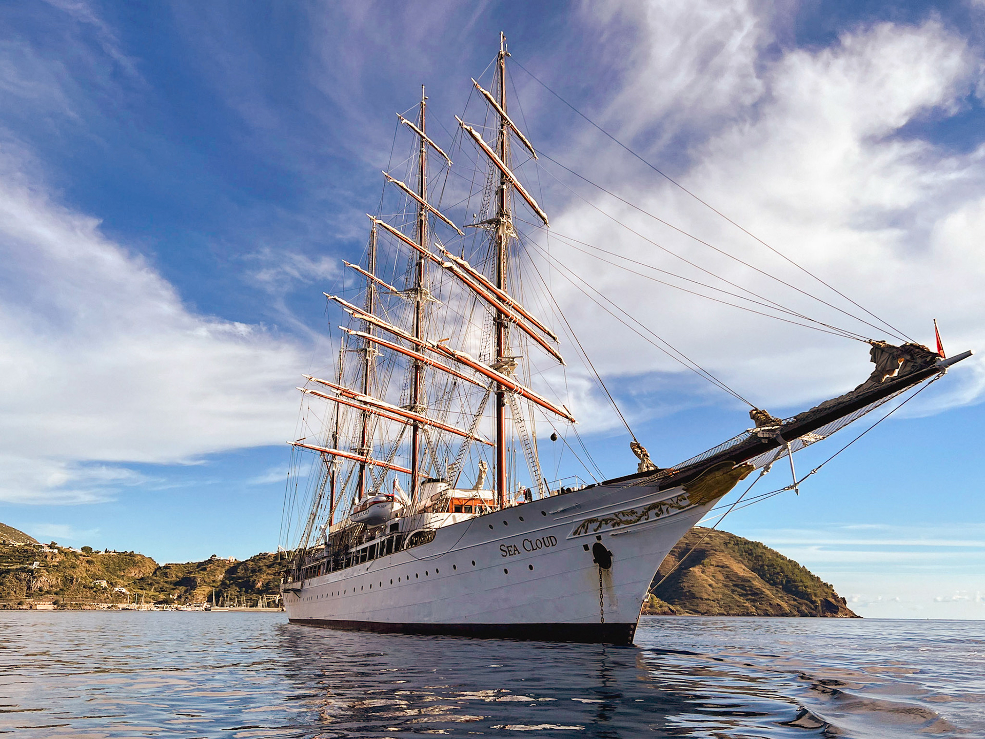 Sea Cloud at anchor in Lipari