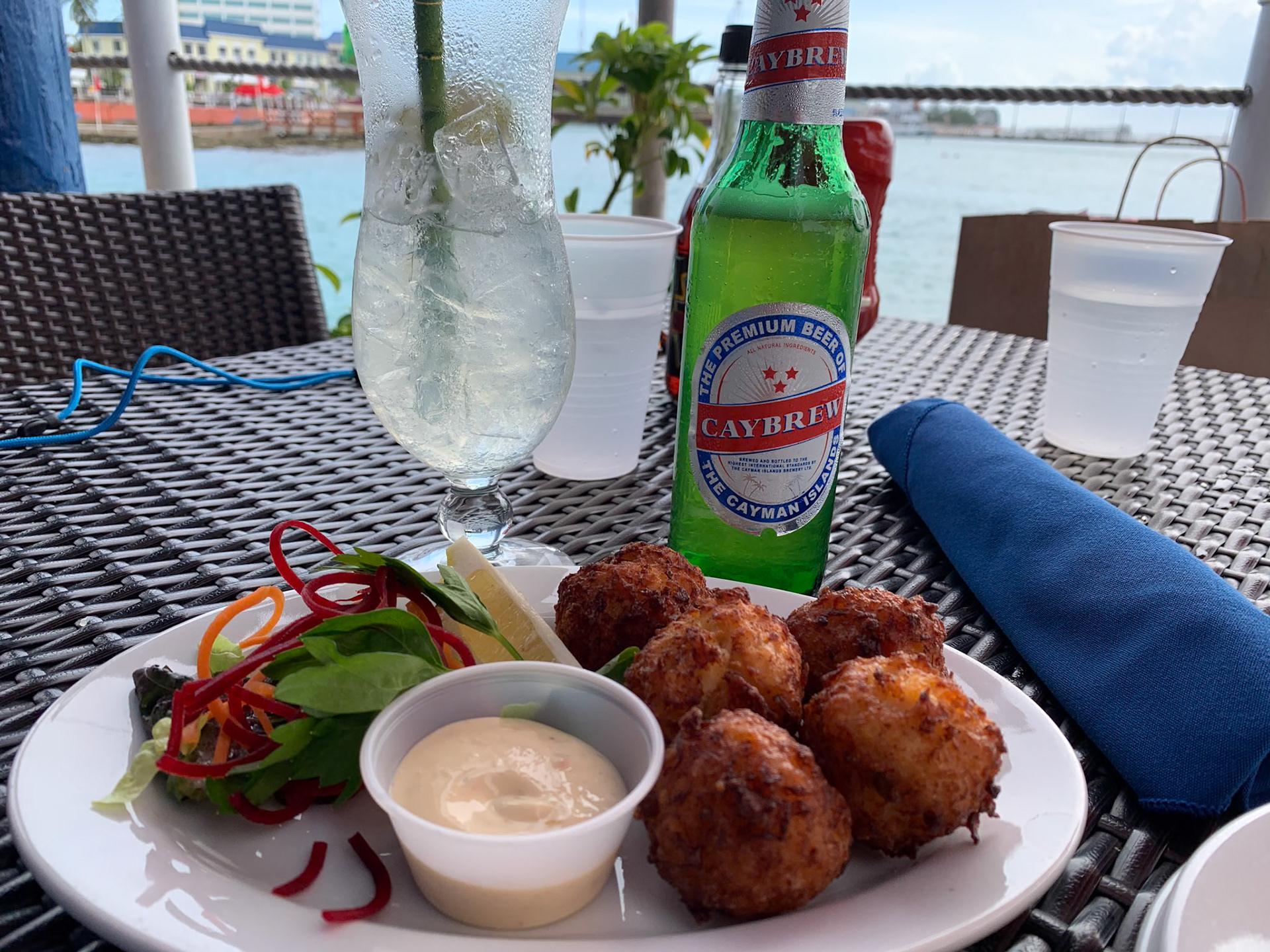 Conch Fritters and local brew