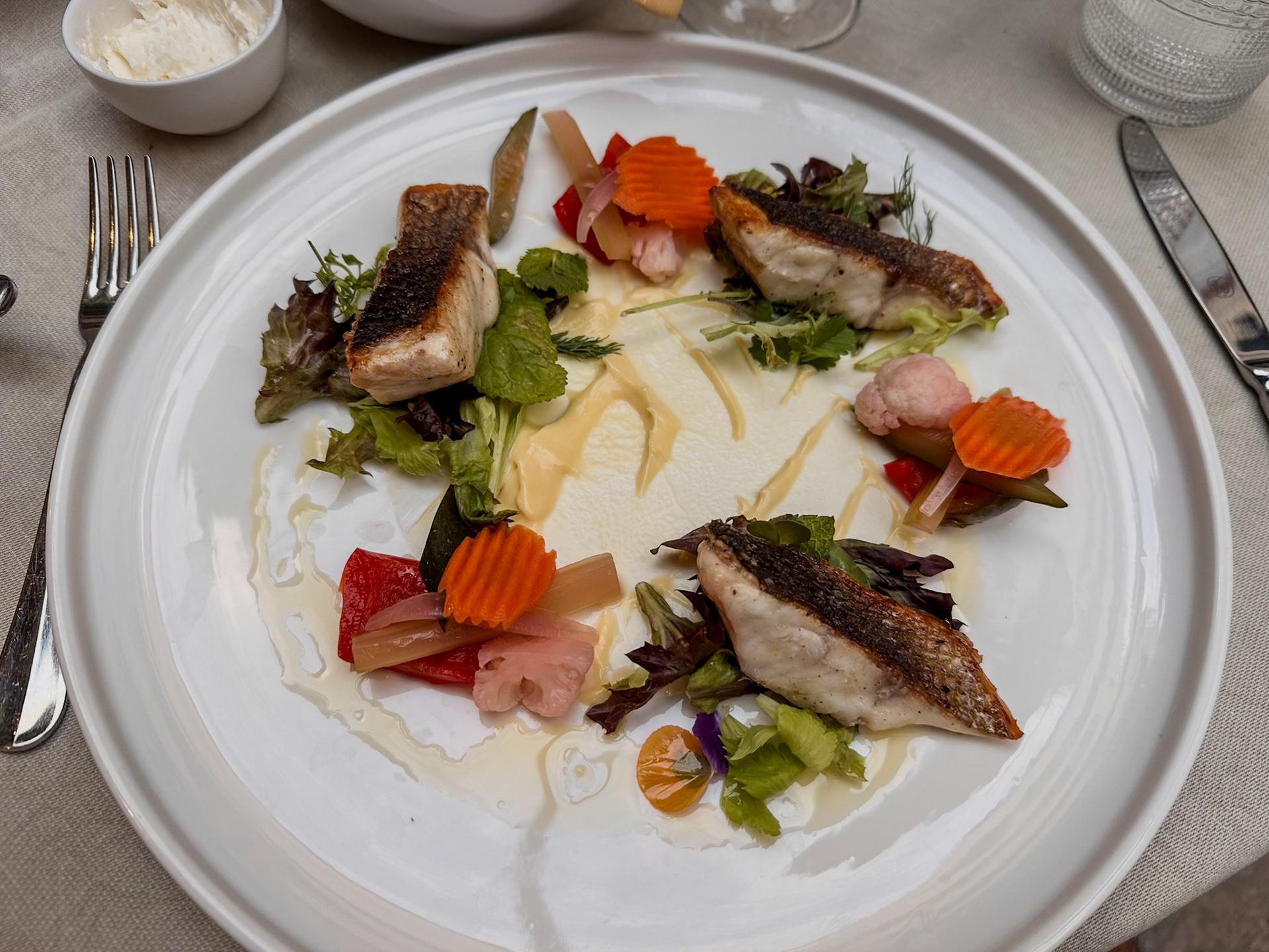 Saute’d Sea Bass with Bernaise sauce and vegetables