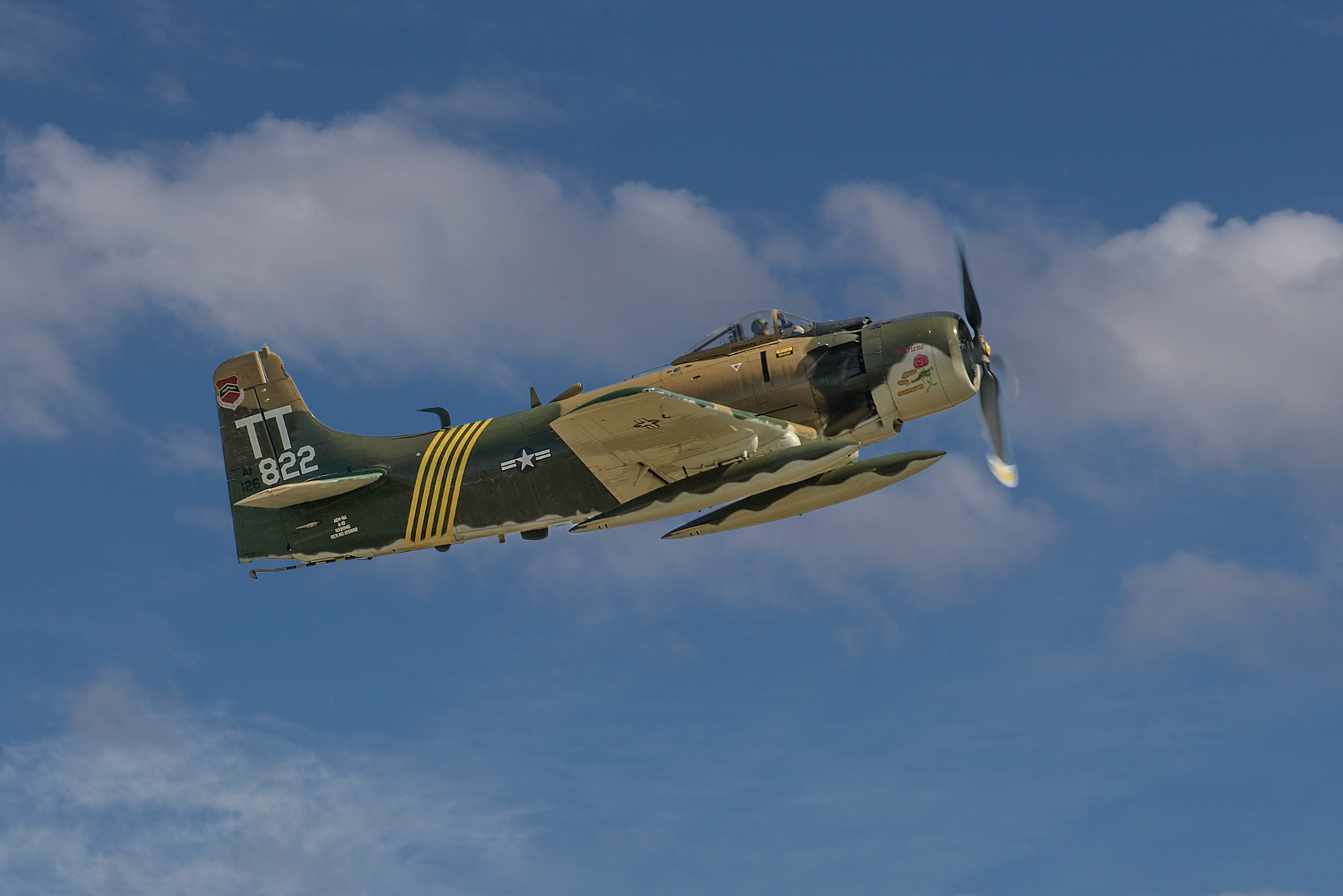 Douglas A-1D Skyraider"Uncle Ho's Nightmare" / "Marlene"Model:AD-4NA/A-1DYear Built:1952Bureau #:126882Construction #:7682Civil Registration:N91945