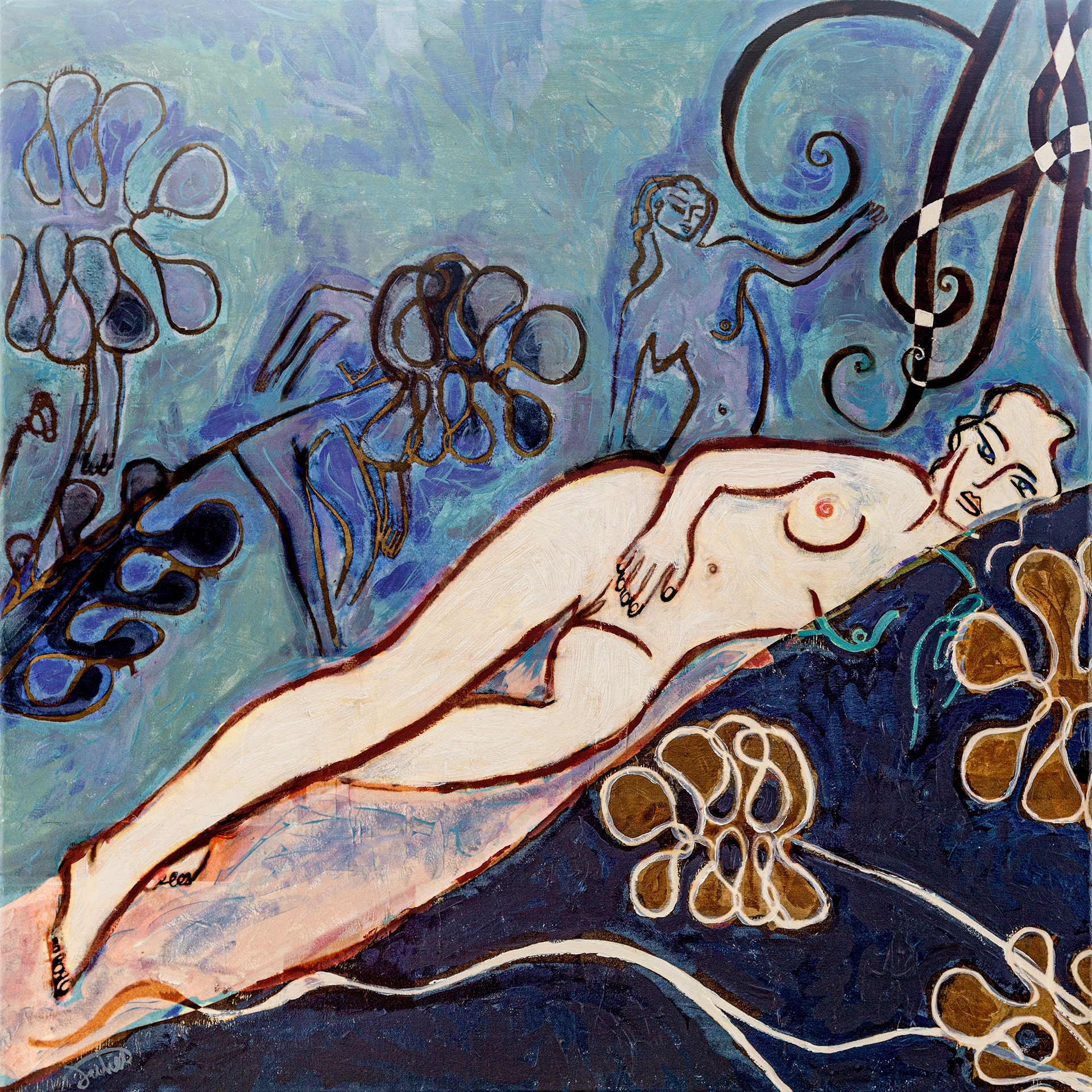 abstract painting of a female nude with flowers