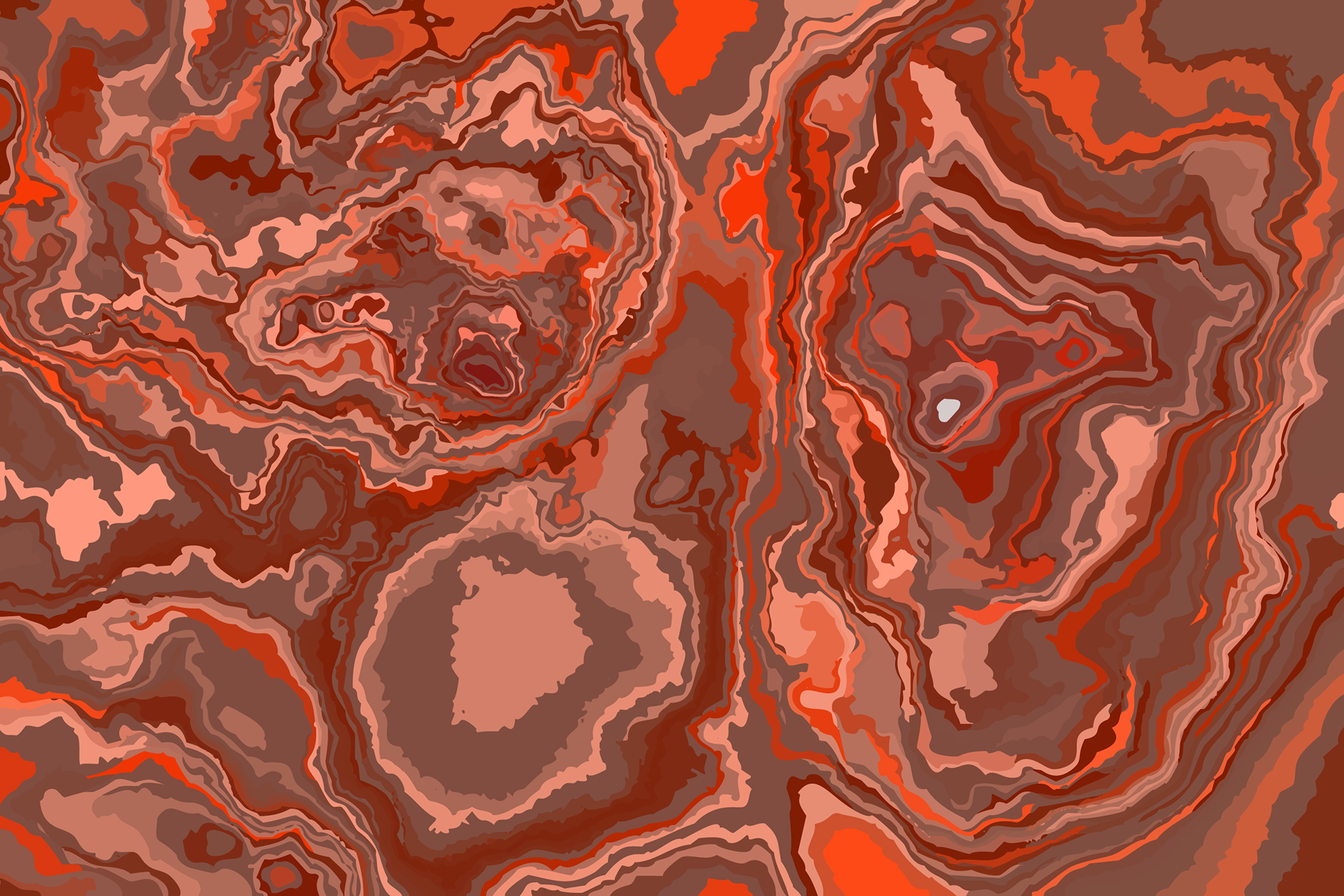 Un motif homogène de texture marbrée abstraite et tourbillonnante, aux nuances de rouge et de marron, avec des textures détaillées évoquant des formations rocheuses. Le design intègre les couleurs rose corail et orange brûlé, utilisant des techniques d'illustration vectorielle pour des détails complexes. Le style artistique numérique s'allie à une esthétique bohème, avec des formes organiques et fluides, créant une impression de mouvement et de profondeur.