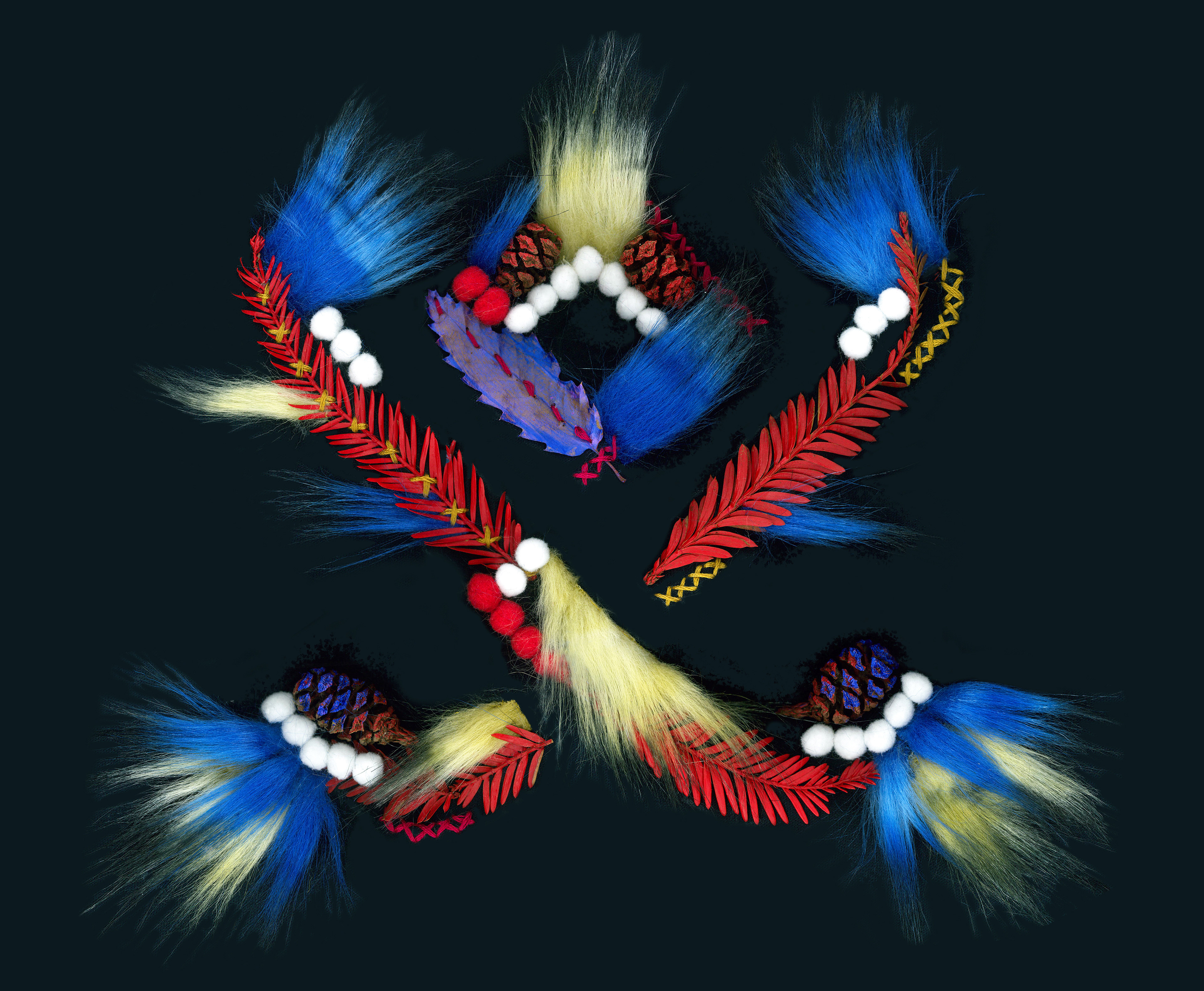 Embroidery based on the Slavic symbol "Agidel - the goddess of water", made in the shamanic style using natural materials - cones, leaves and fur. Dedicated to the forces of nature and the mystical connection of man with it.
