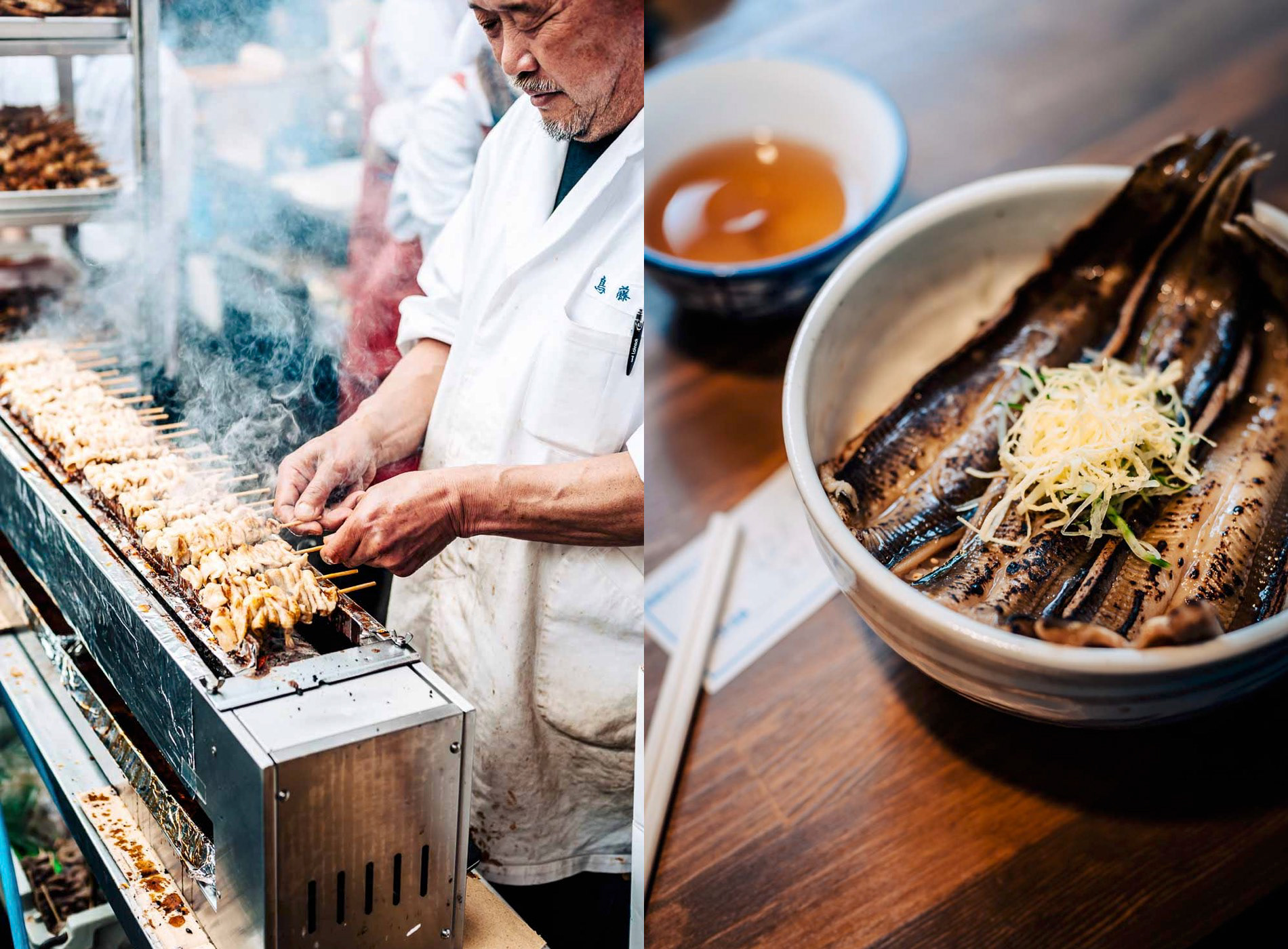 Lunchtime grill at Tsukiji Outer Market, Tsukiji, Chuo City, Tokyo, Japan; a boel of 'anago' salt-water eel and rice at Tsukiji Outer Market, Tsukiji, Chuo City, Tokyo, Japan