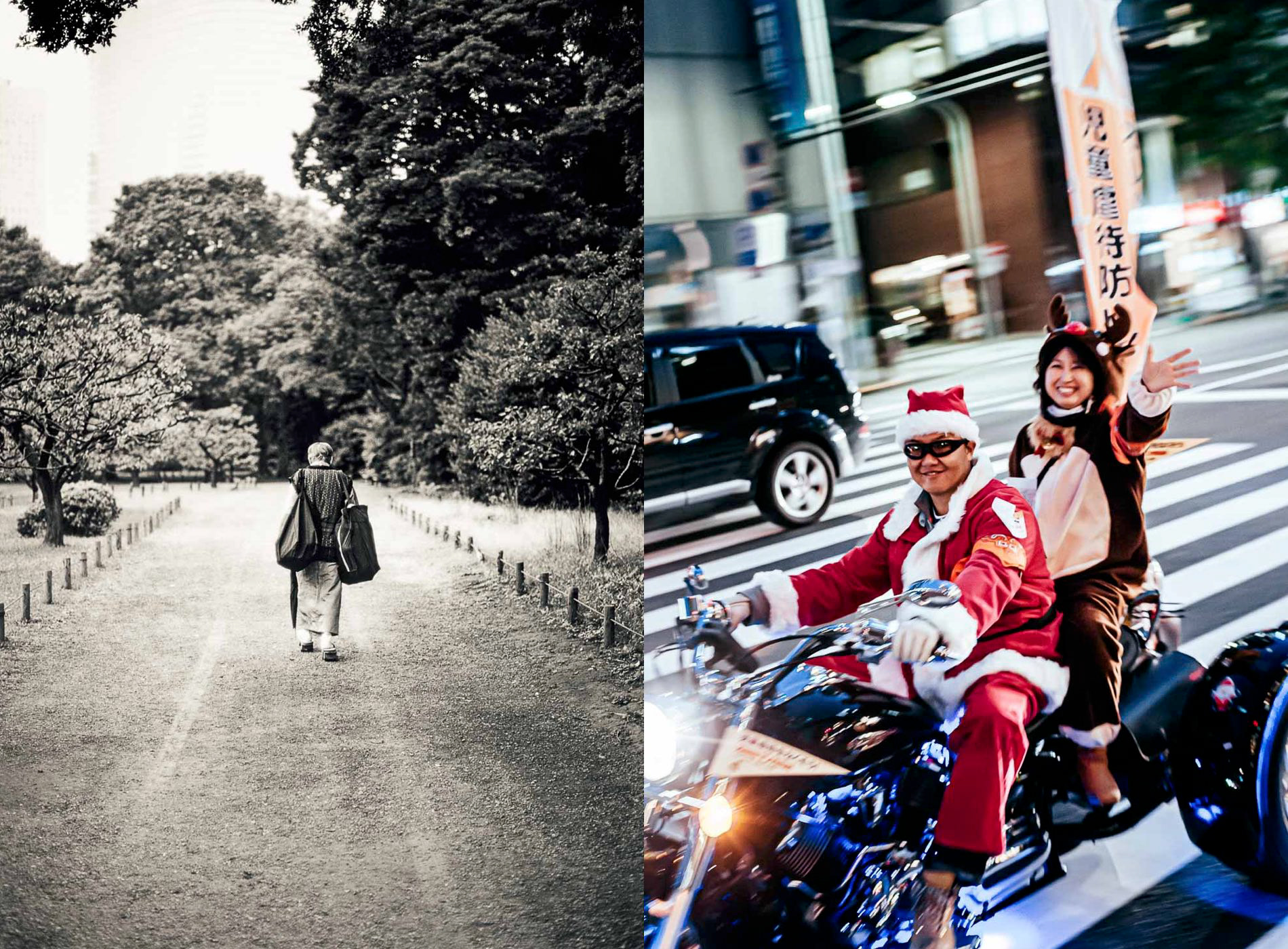 A man dressed in yukata and wearing 'geta' sandals walks through Hamarikyu Gardens, Chuo City, Tokyo, Japan; a couple celebrating Christmas ride along the Ginza stretch of Chuo-dori, Chuo City, Tokyo, Japan