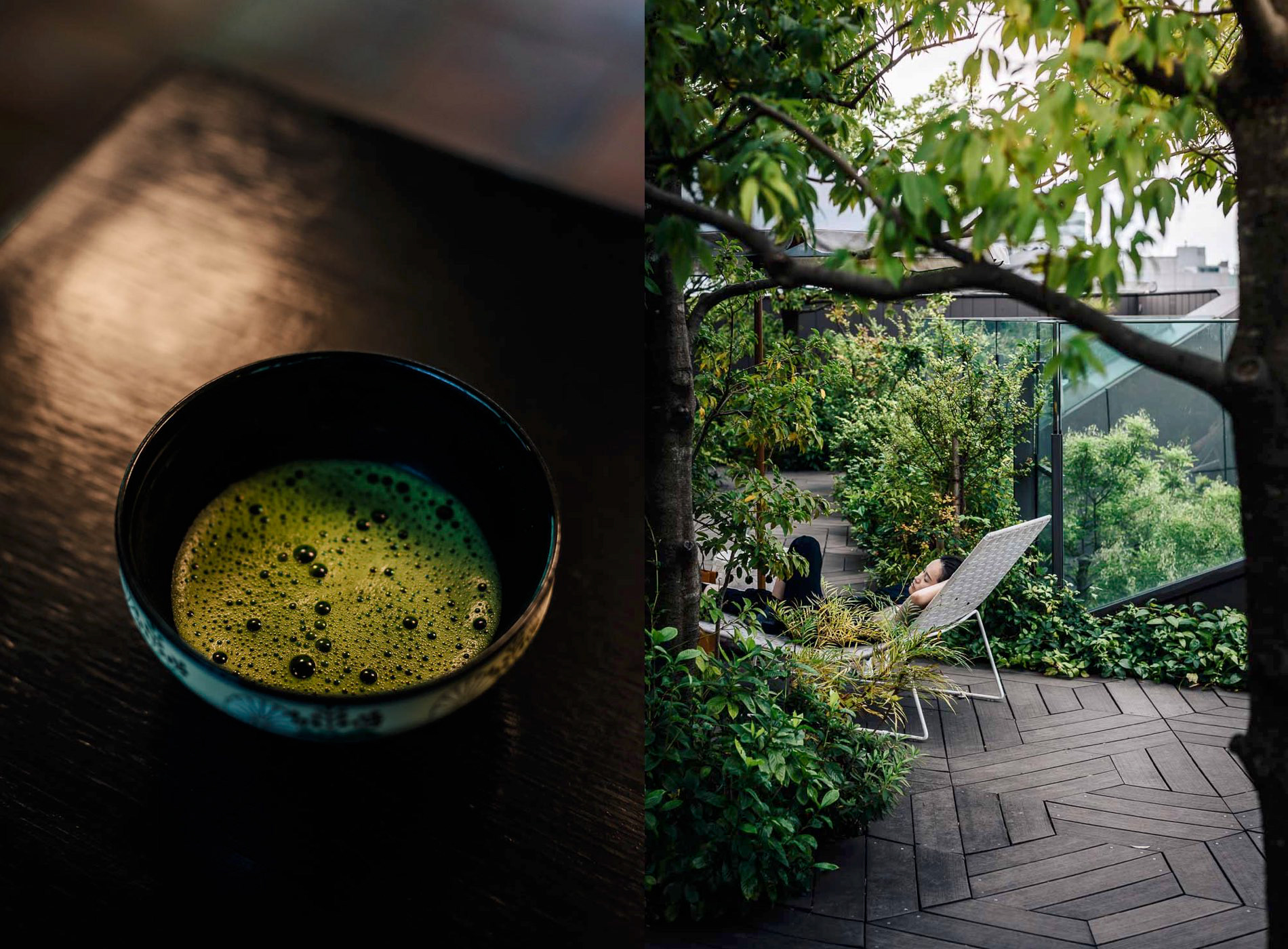 A cup of matcha green tea at a teahouse in Shinjuku Gyeon, Shinjuku, Shinjuku City, Tokyo, Japan; a moment's relaxation on the roofgarden of Tokyu Plaza Omotesando Omokado, Jingumae, Shibuya City, Tokyo, Japan