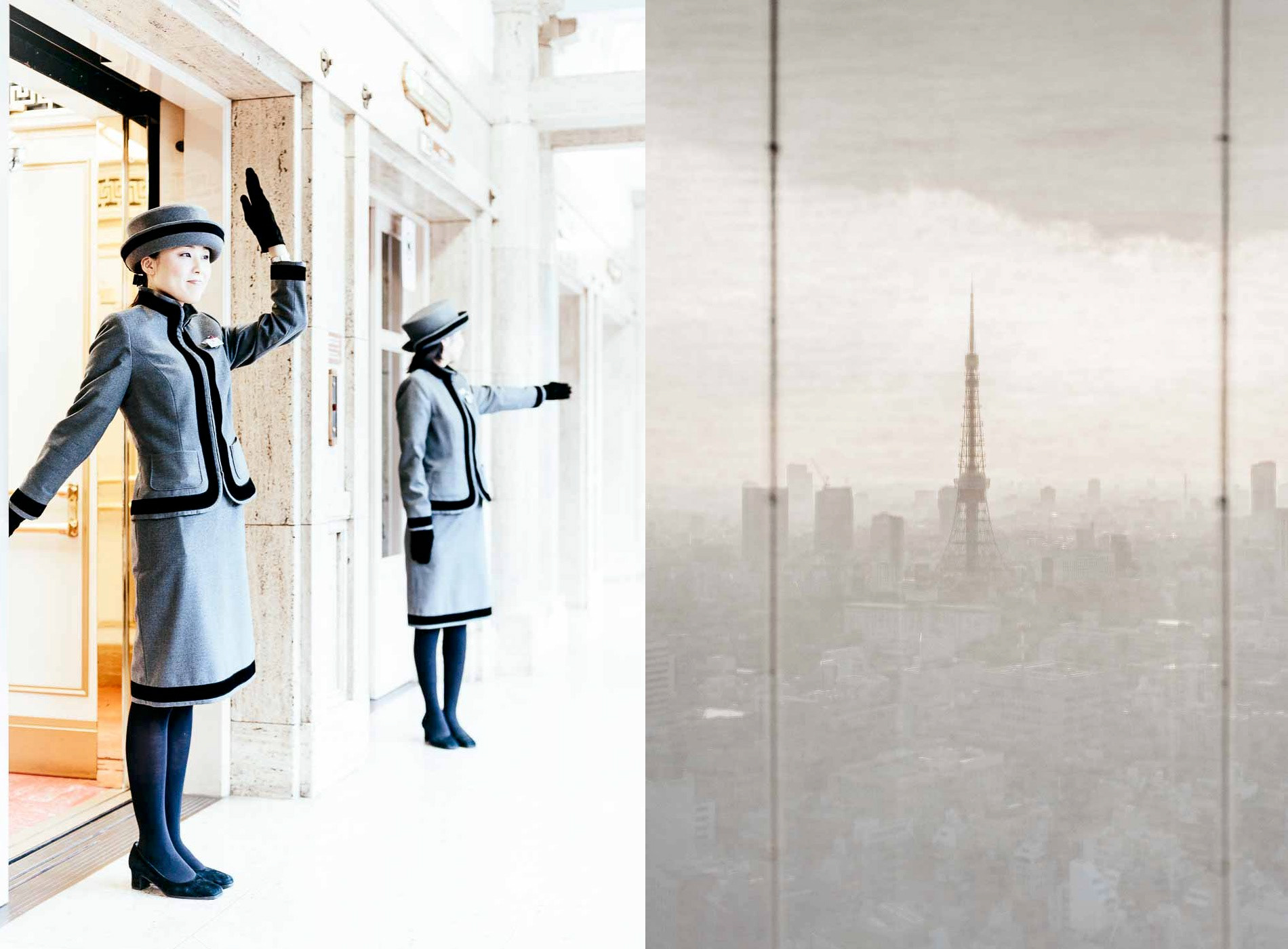 Lift attendants demonstrate some of their guidance gestures at Takashimaya department store, Nihombashi, Chuo City, Tokyo, Japan; a view of Tokyo Tower through a semi-transparent blind