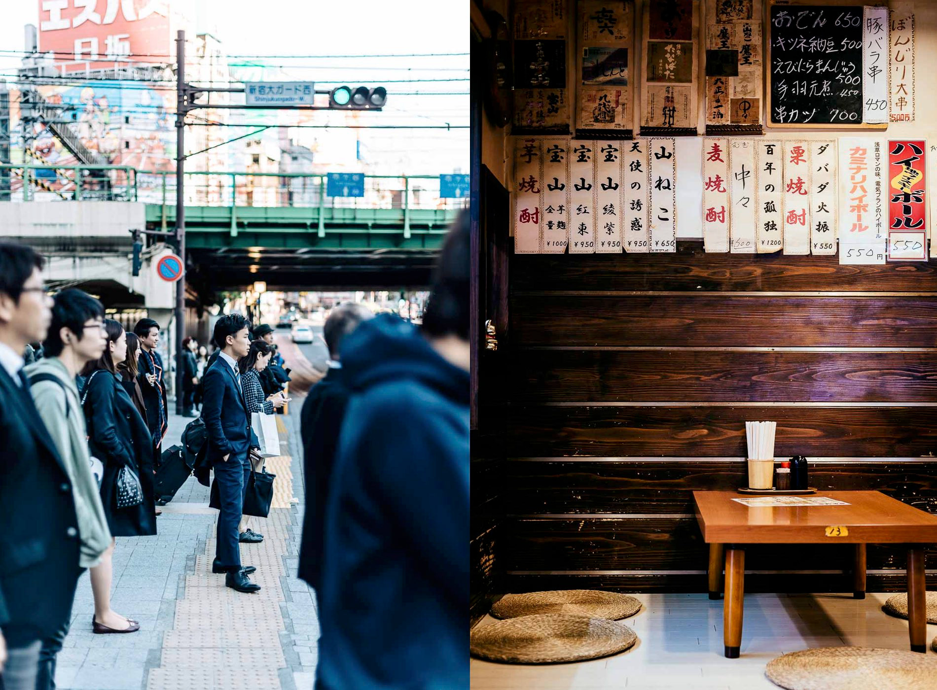 Waiting for the lights to change at the start of the working day, Shinjuku, Shinjuku City, Tokyo, Japan; traditional tatami seating in Suzuyoshi, an izakaya on 'Hoppy Street', Asakusa, Taito City, Tokyo, Japan