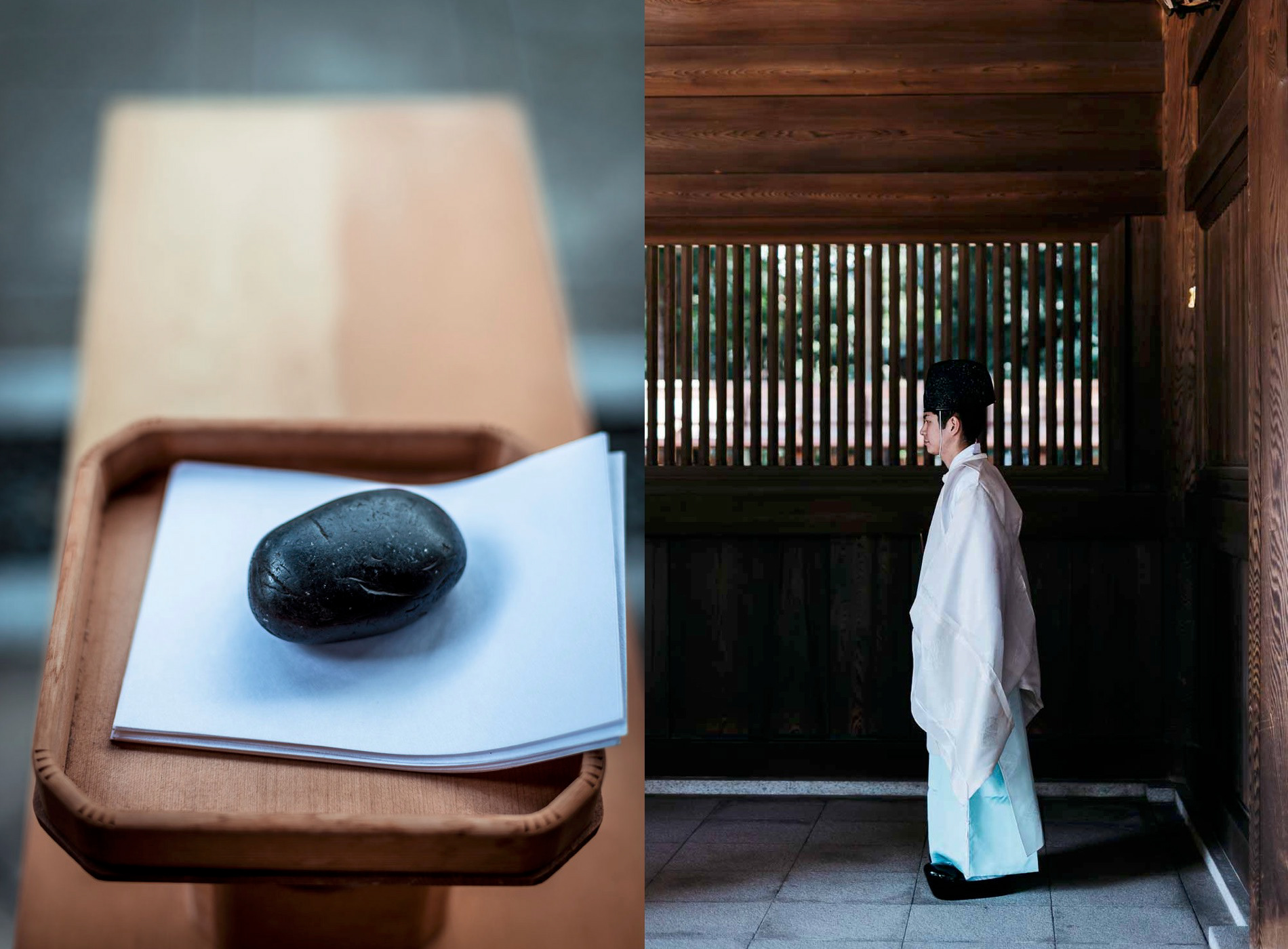 A pebble used as a paperweight at a shinto shrine; an attendant at Meiji Jingu shrine, Yoyogi, Shibuya City, Tokyo, Japan