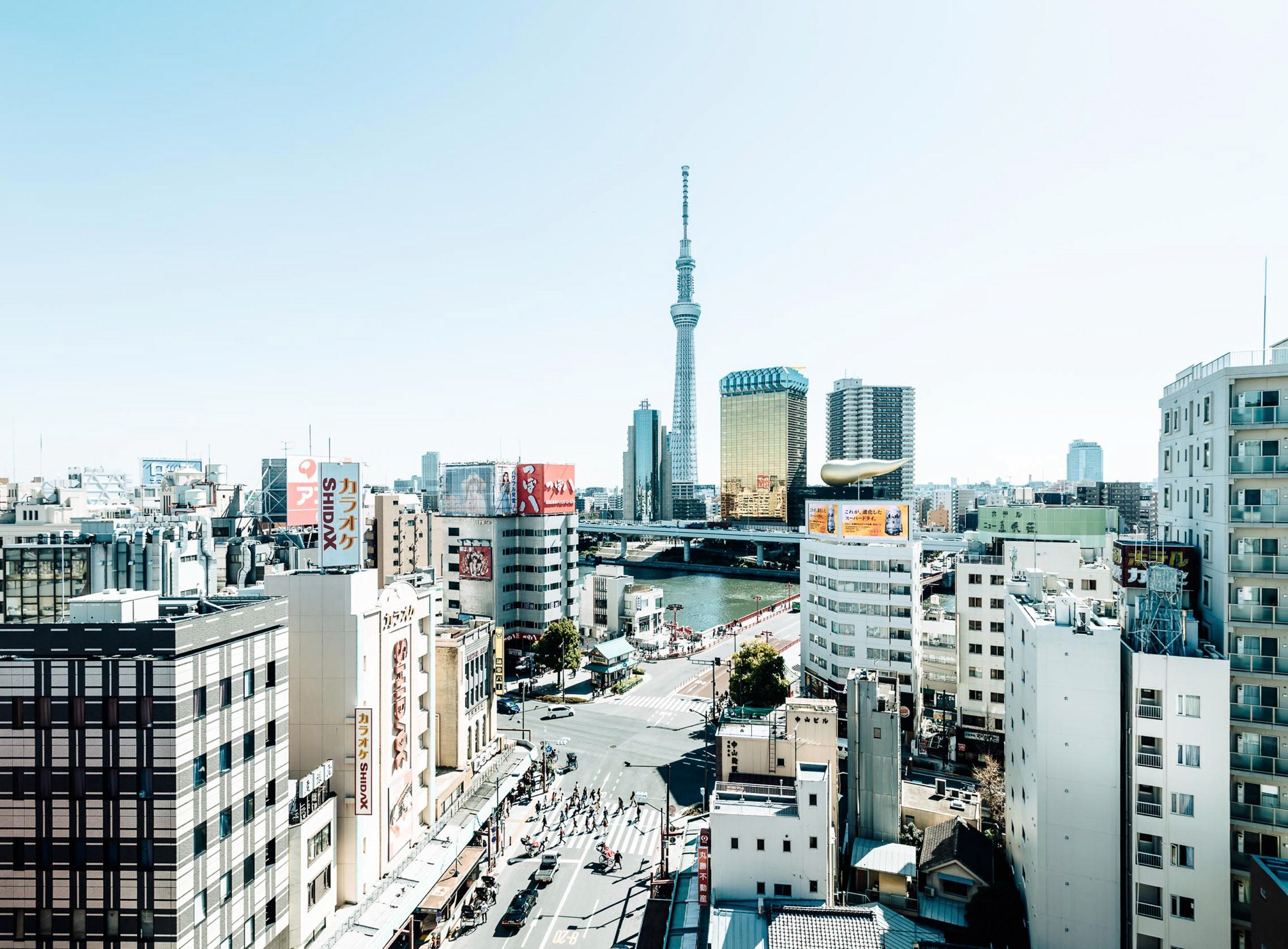The view of Asakusa (foreground), the Sumida river and Tokyo Skytree beyond, Asakusa, Taito City, Tokyo, Japan