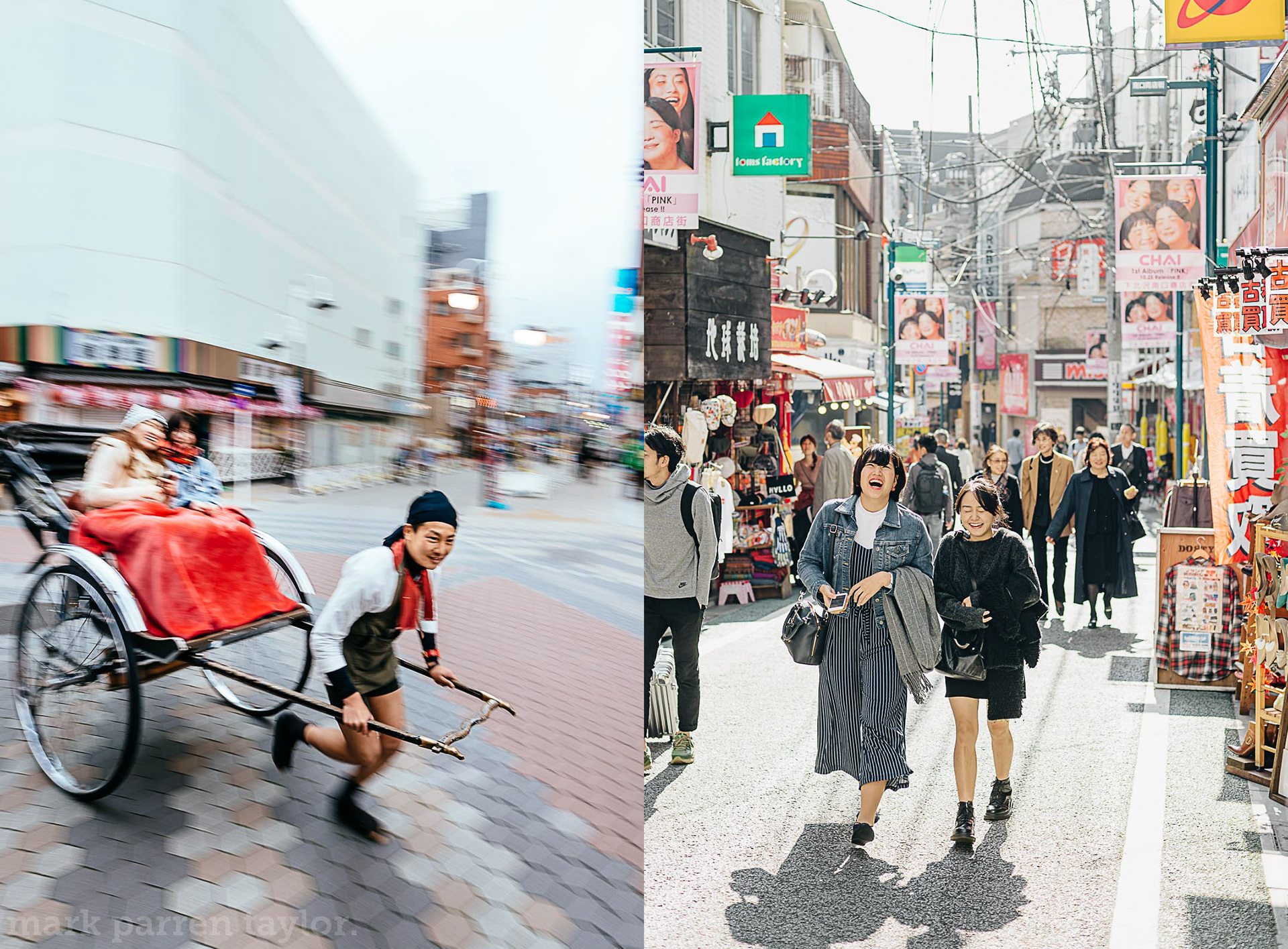 A rickshaw runner pulls customers through the Asakusa lanes, Taito City, Tokyo, Japan; women walk along a lane in Shimokita, Shimokitazawa/Kitazawa, Setagaya City, Tokyo, Japan